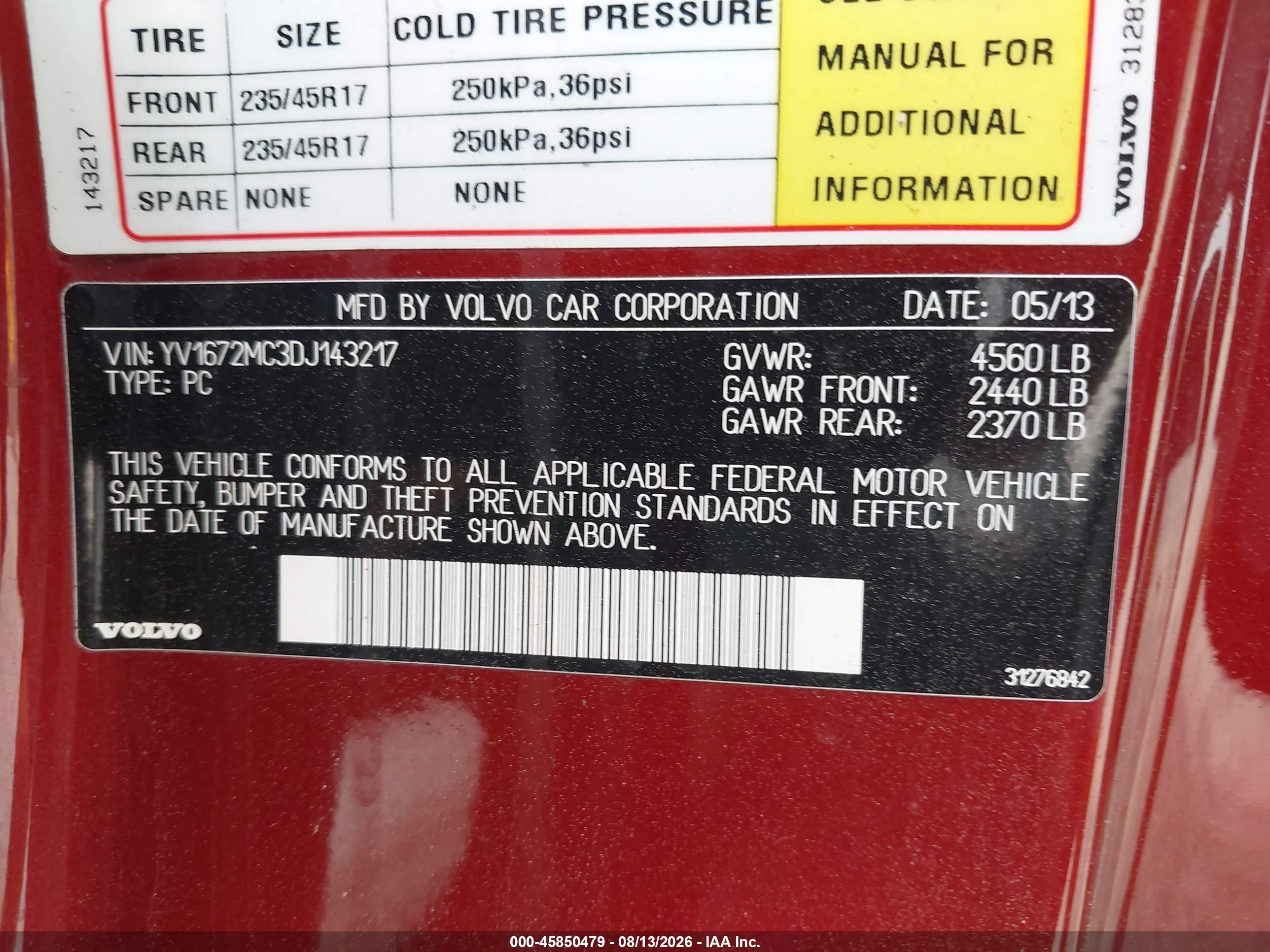 2013 Volvo C70 T5/t5 Platinum/t5 Platinum W/inscription Pkg/t5 Premier Plus/t5 Premier Plus W/inscription Pkg Red vin: YV1672MC3DJ143217