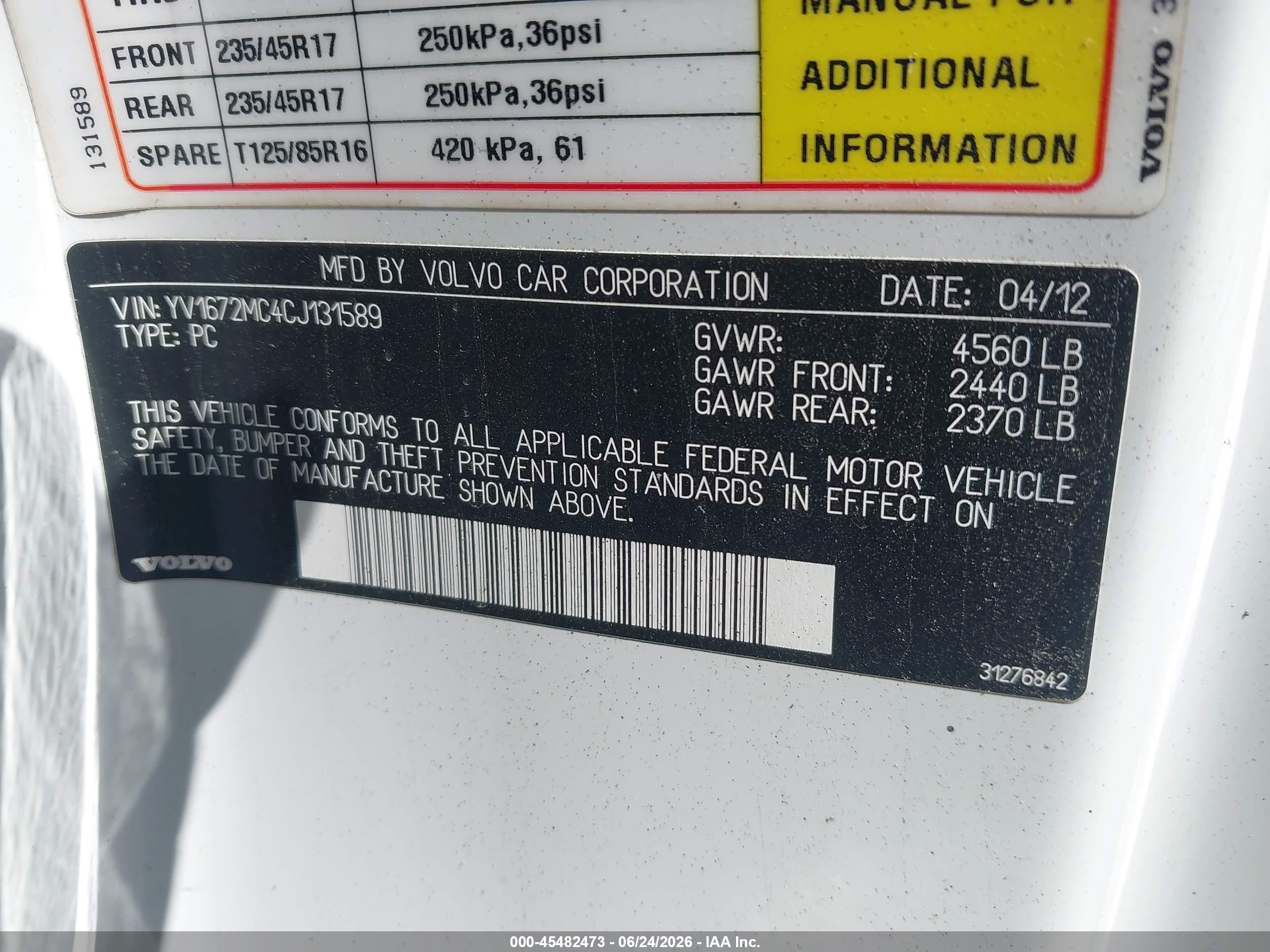2012 Volvo C70 T5/t5 Platinum/t5 Premier Plus White vin: YV1672MC4CJ131589