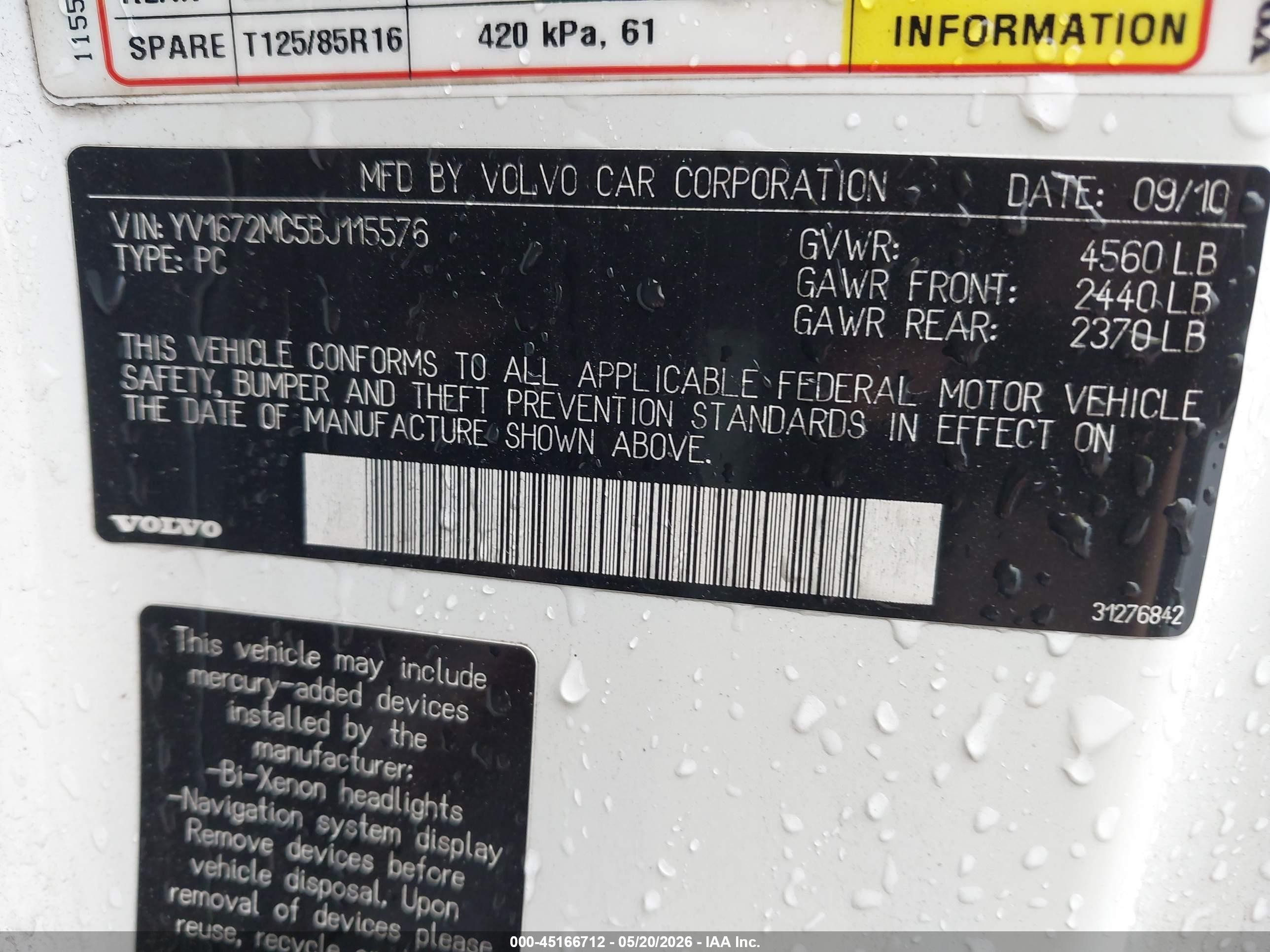 2011 Volvo C70 T5 White vin: YV1672MC5BJ115576