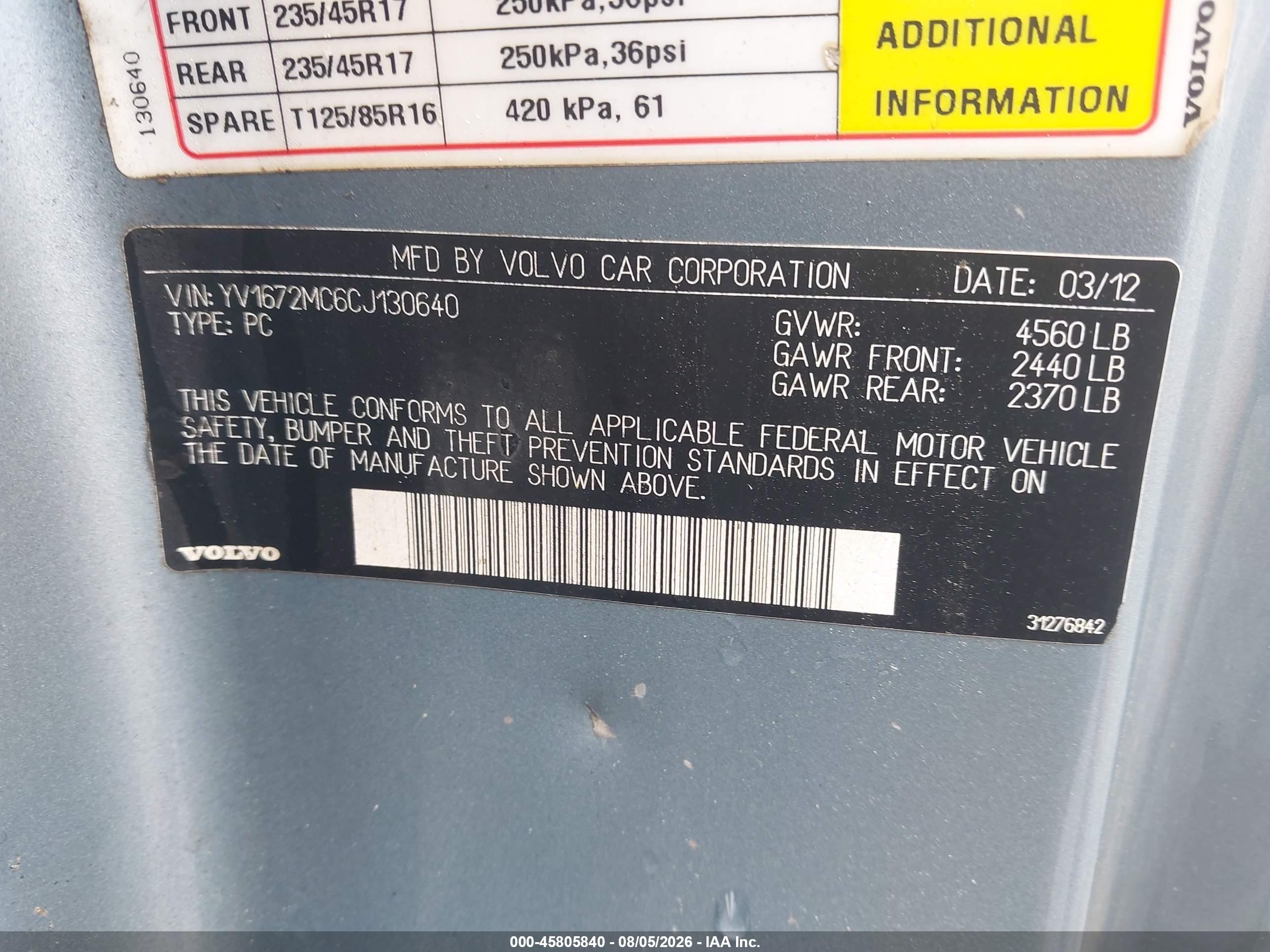2012 Volvo C70 T5/t5 Platinum/t5 Premier Plus Light Blue vin: YV1672MC6CJ130640