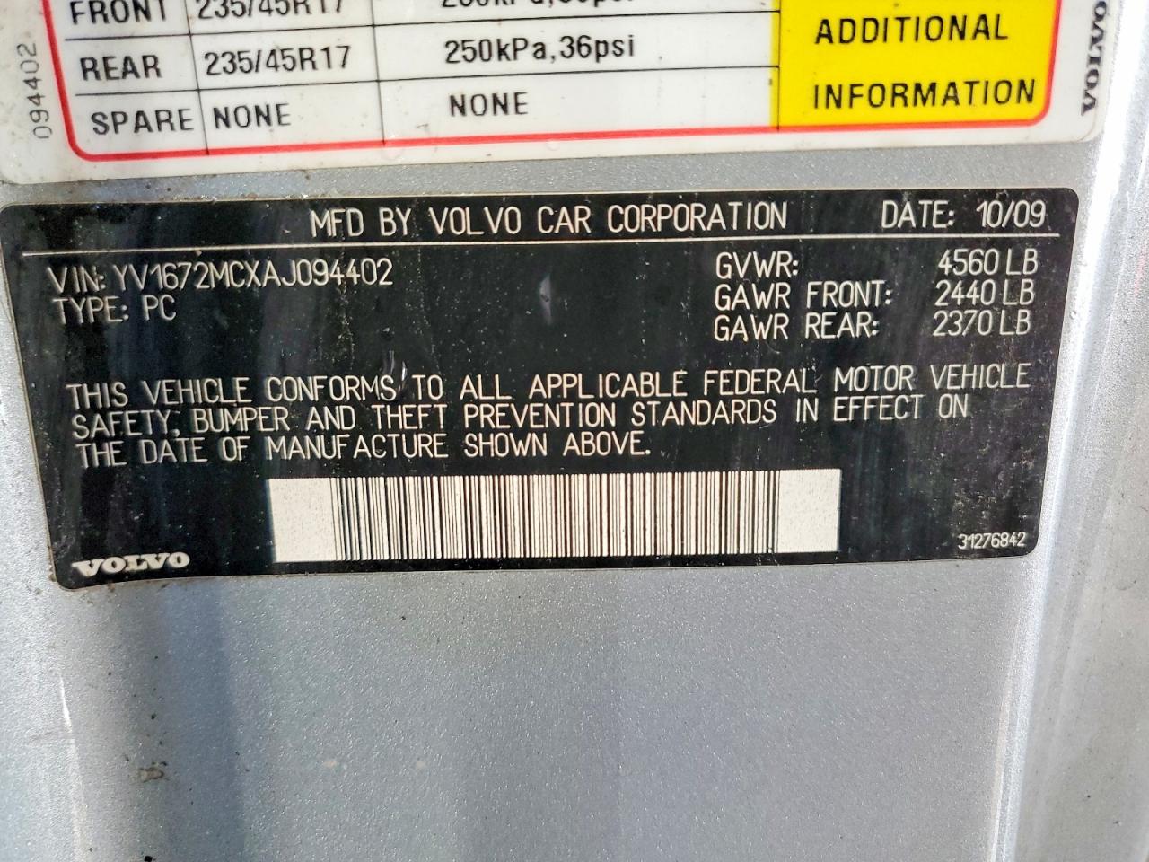 2010 Volvo C70 T5 Silver vin: YV1672MCXAJ094402