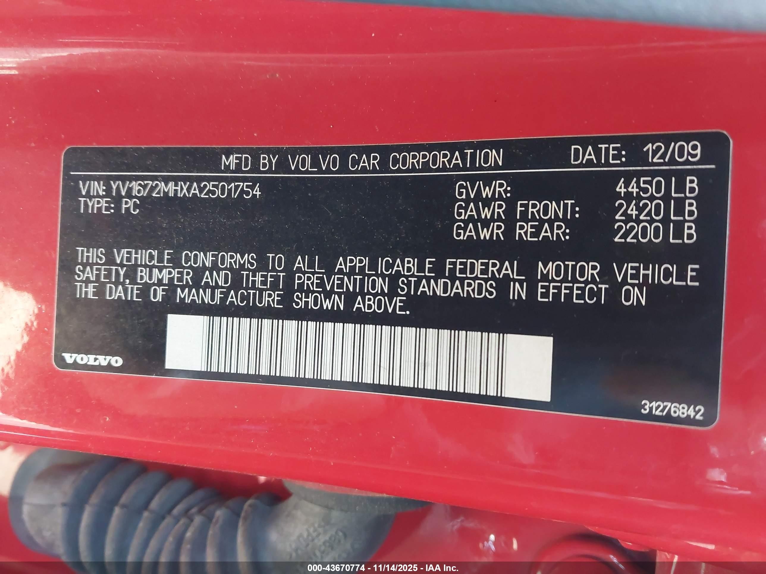 2010 Volvo S40 T5 R-design Red vin: YV1672MHXA2501754