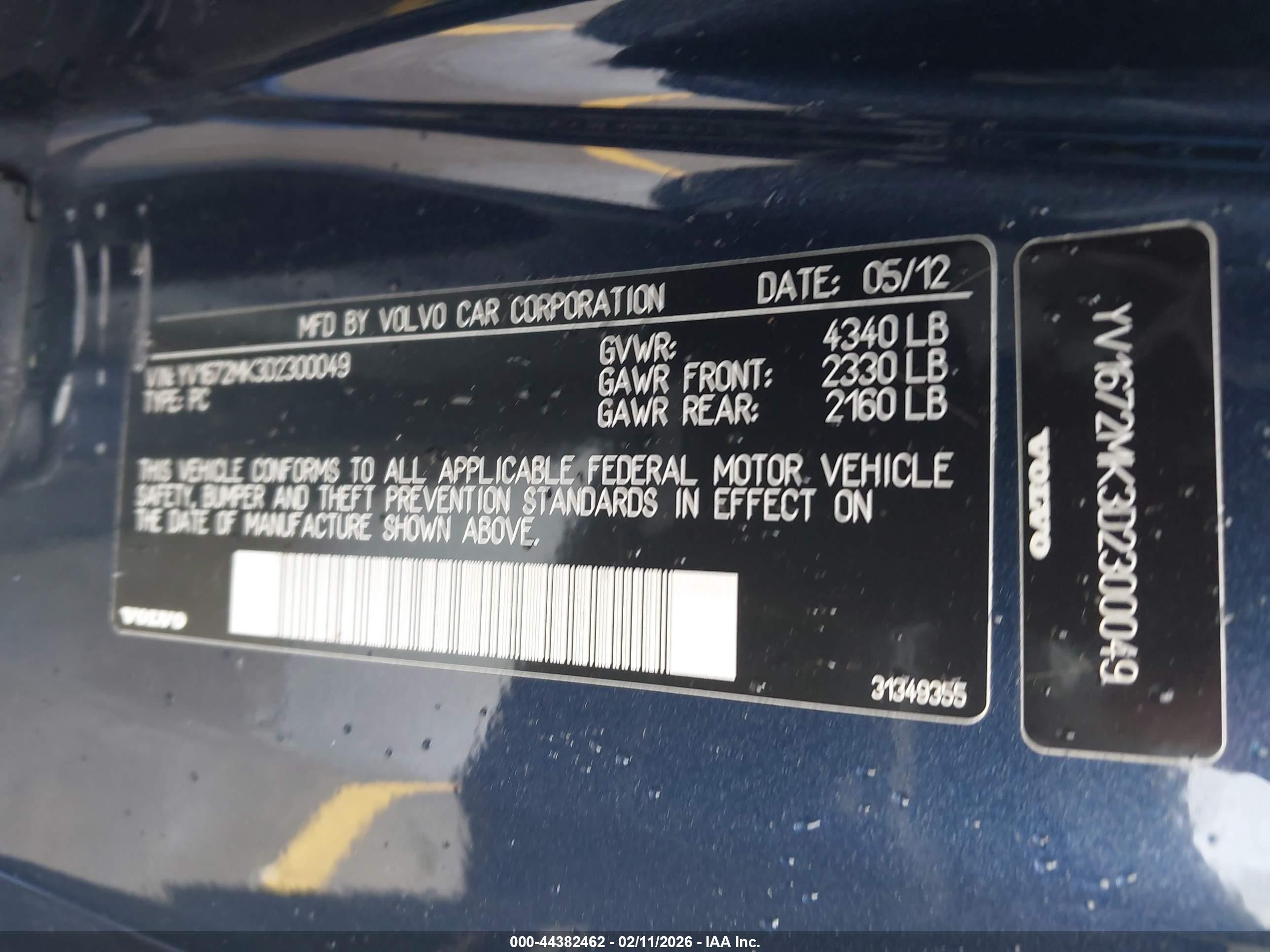 2013 Volvo C30 T5/t5 Platinum/t5 Premier/t5 Premier Plus/t5 R-design/t5 R-design Platinum/t5 R-design Premier Blue vin: YV1672MK3D2300049