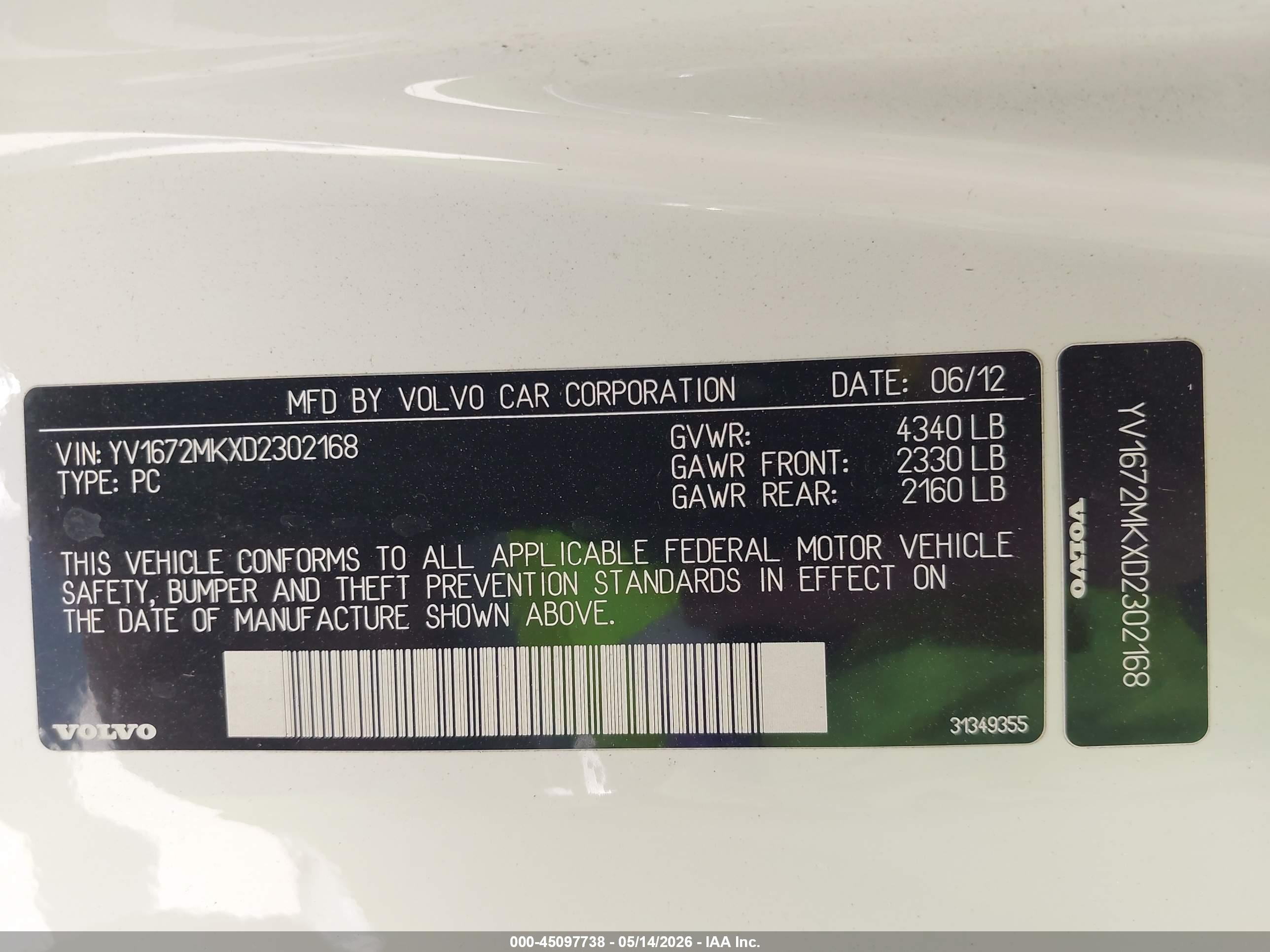 2013 Volvo C30 T5/t5 Platinum/t5 Premier/t5 Premier Plus/t5 R-design/t5 R-design Platinum/t5 R-design Premier Белый vin: YV1672MKXD2302168