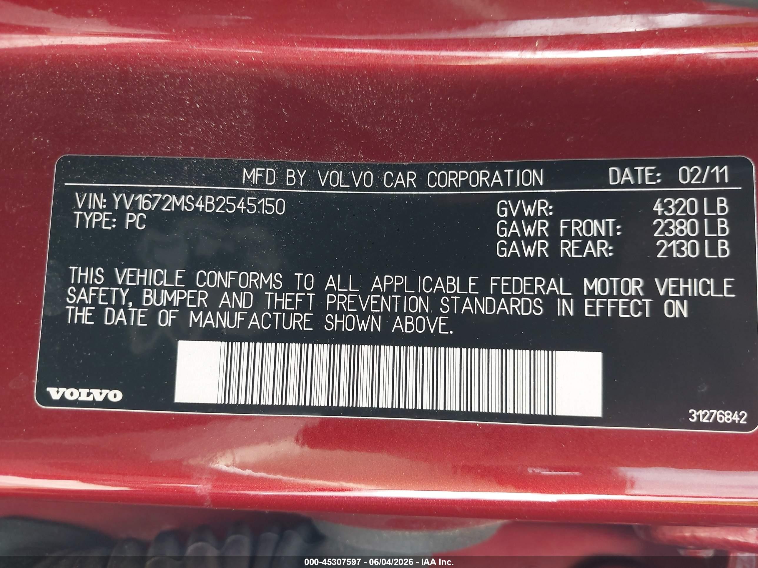 2011 Volvo S40 T5/t5 R-design Red vin: YV1672MS4B2545150