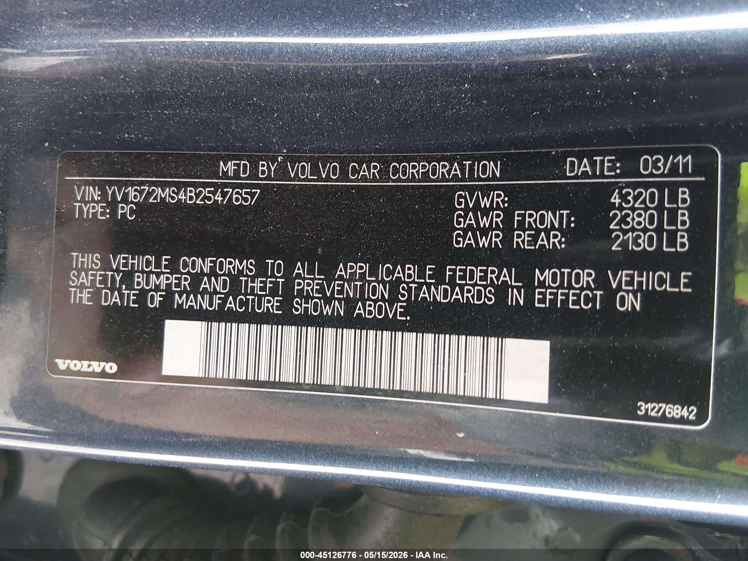 2011 Volvo S40 T5/t5 R-design Blue vin: YV1672MS4B2547657