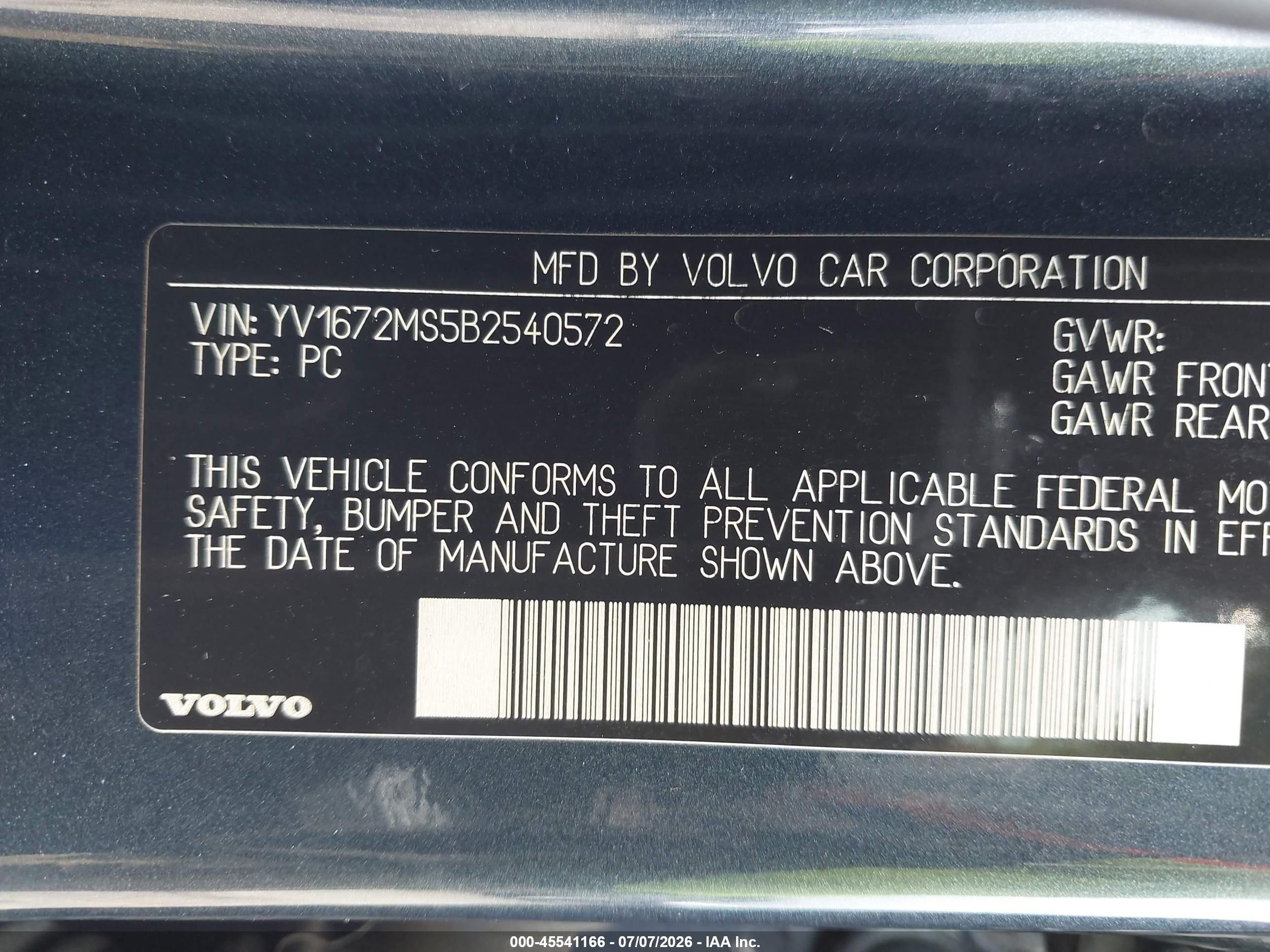 2011 Volvo S40 T5 (retail Only) Blue vin: YV1672MS5B2540572