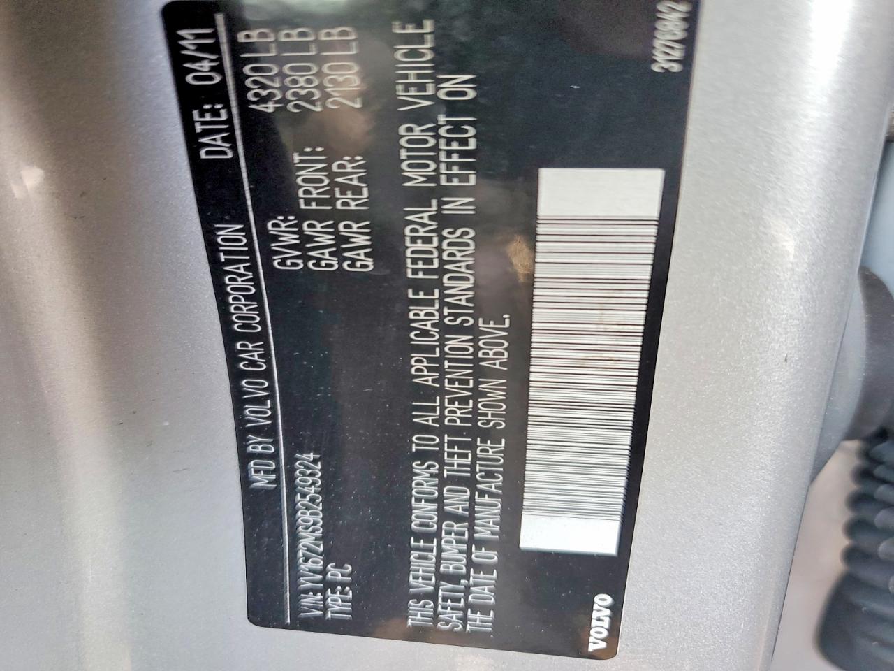 2011 Volvo S40 T5 Silver vin: YV1672MS9B2549324
