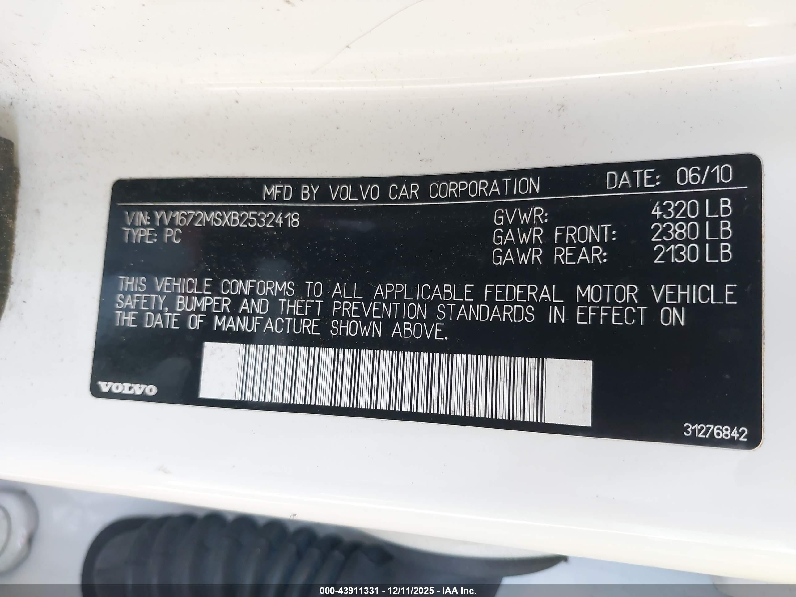 2011 Volvo S40 T5 White vin: YV1672MSXB2532418