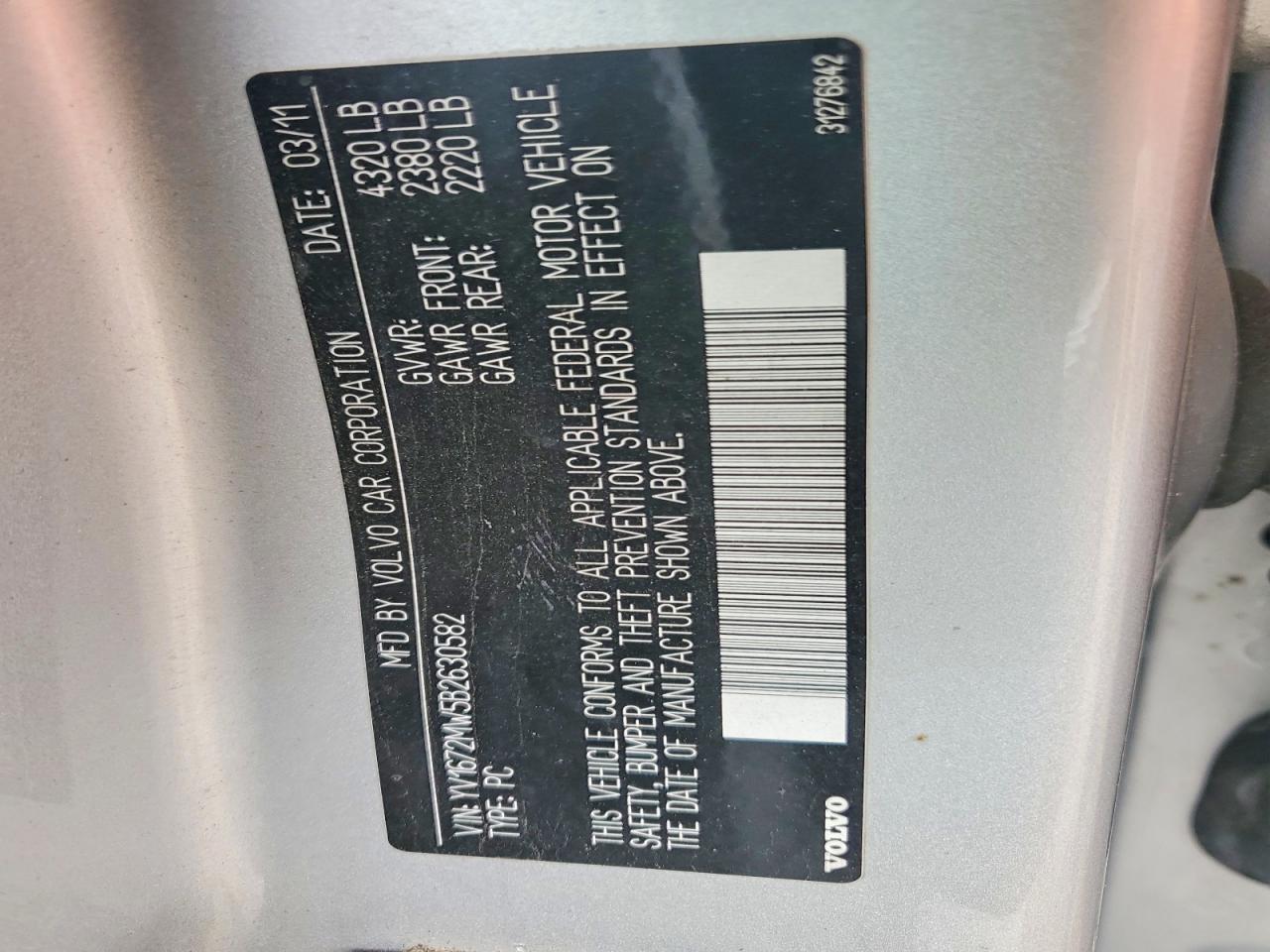 2011 Volvo V50 T5 Gray vin: YV1672MW5B2630582