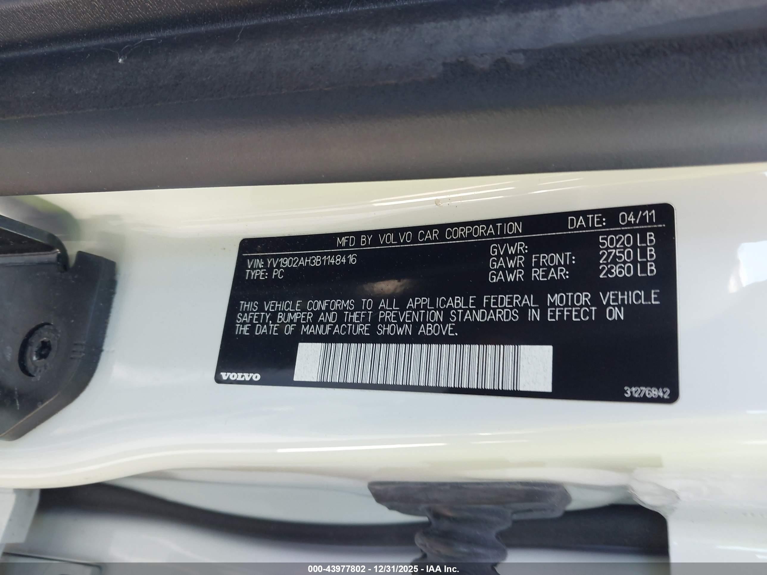 2011 Volvo S80 T6 White vin: YV1902AH3B1148416