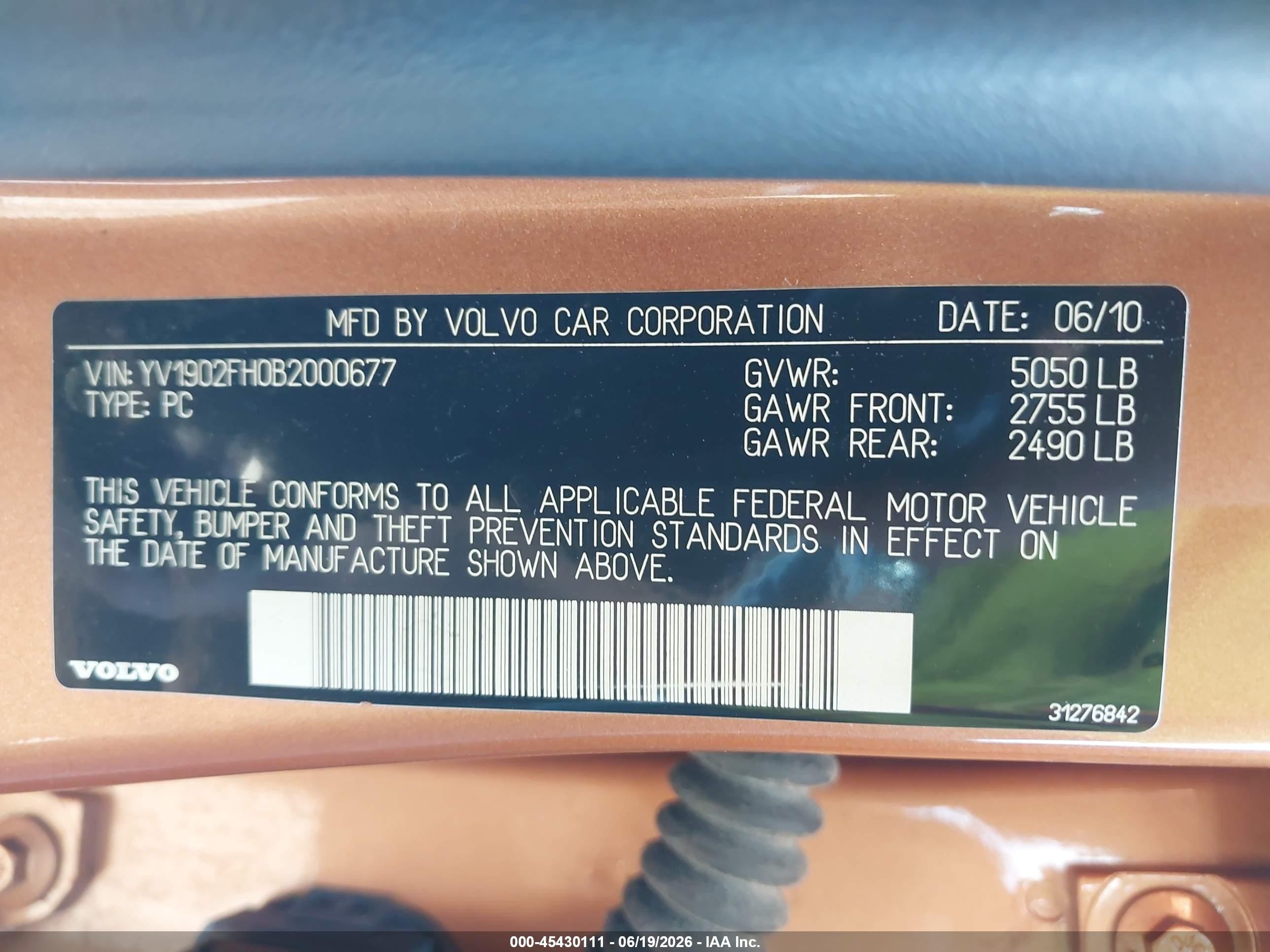 2011 Volvo S60 T6 Оранжевый vin: YV1902FH0B2000677