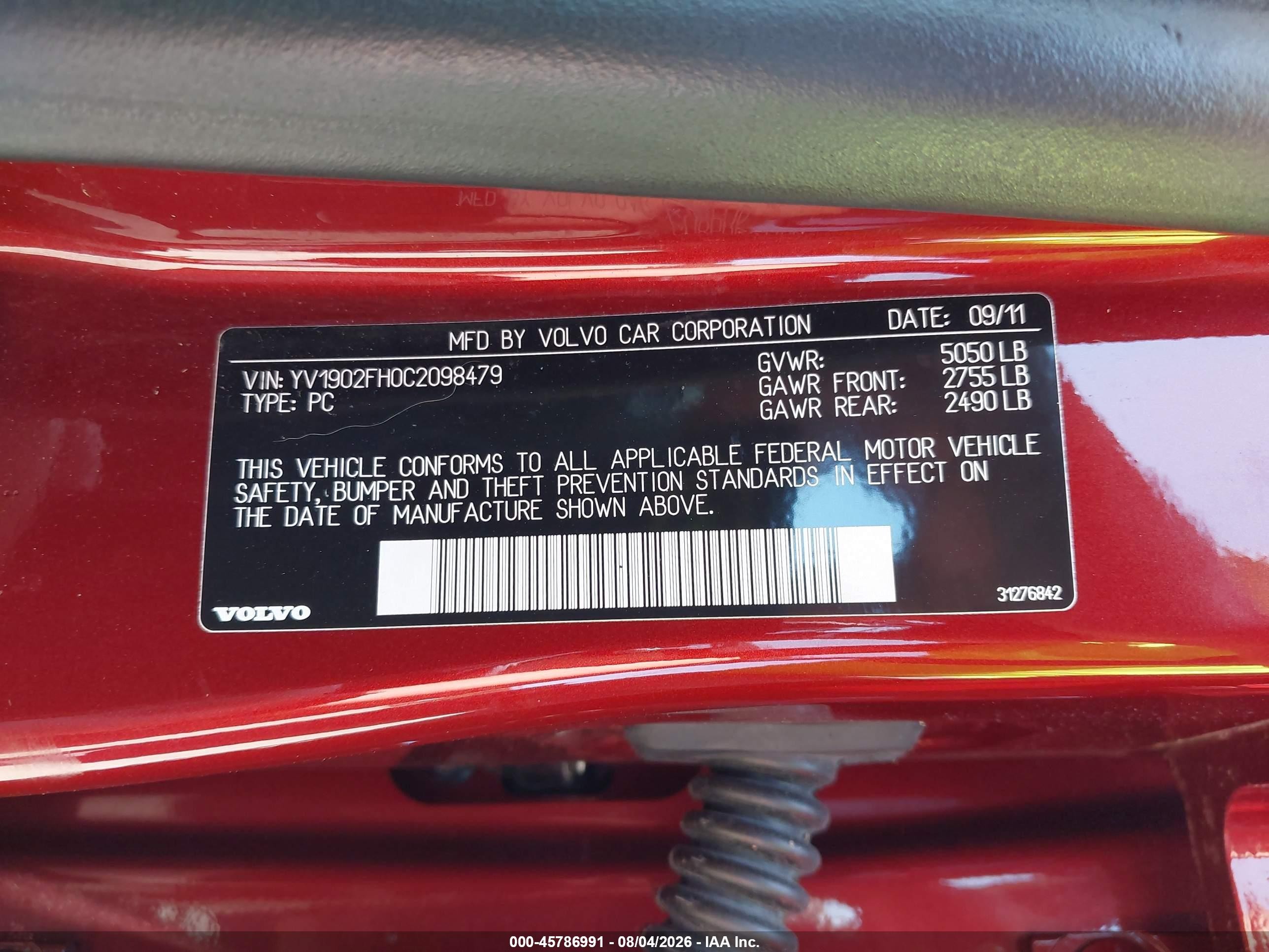 2012 Volvo S60 T6 Red vin: YV1902FH0C2098479