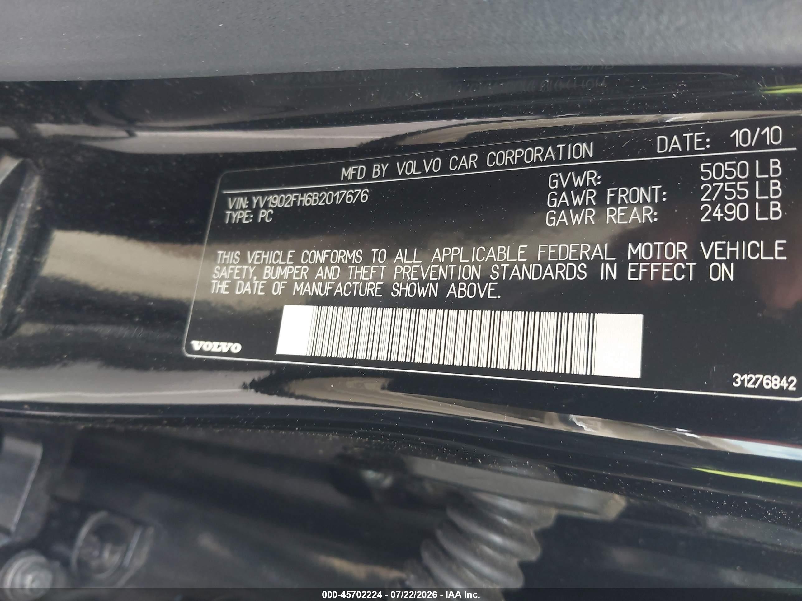 2011 Volvo S60 Moonroof Black vin: YV1902FH6B2017676