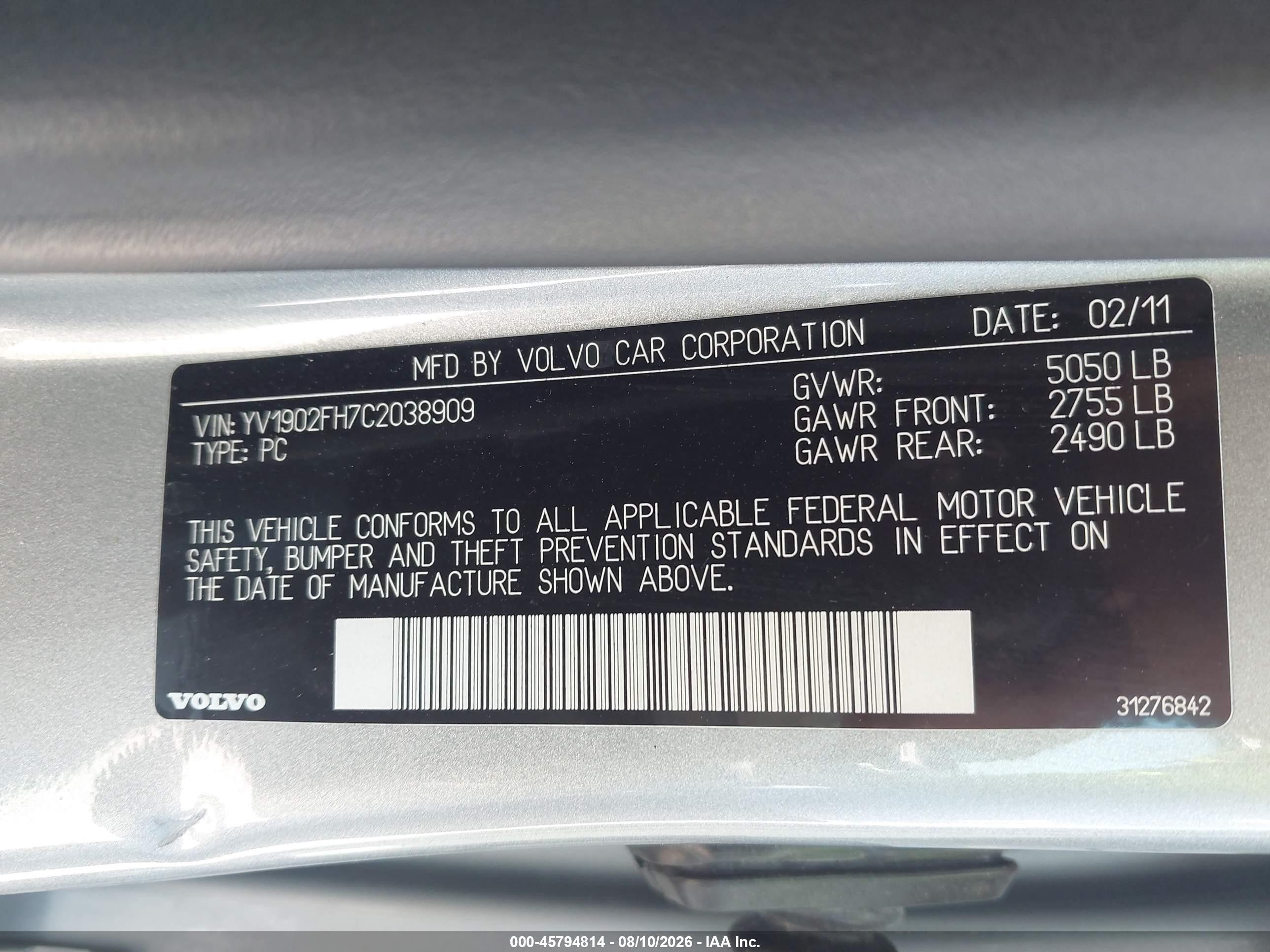 2012 Volvo S60 T6 Silver vin: YV1902FH7C2038909