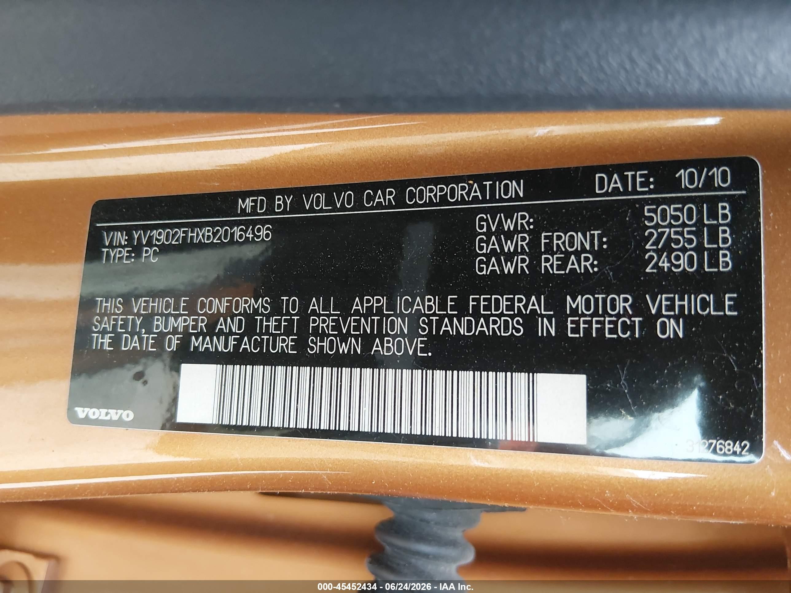 2011 Volvo S60 T6 Orange vin: YV1902FHXB2016496