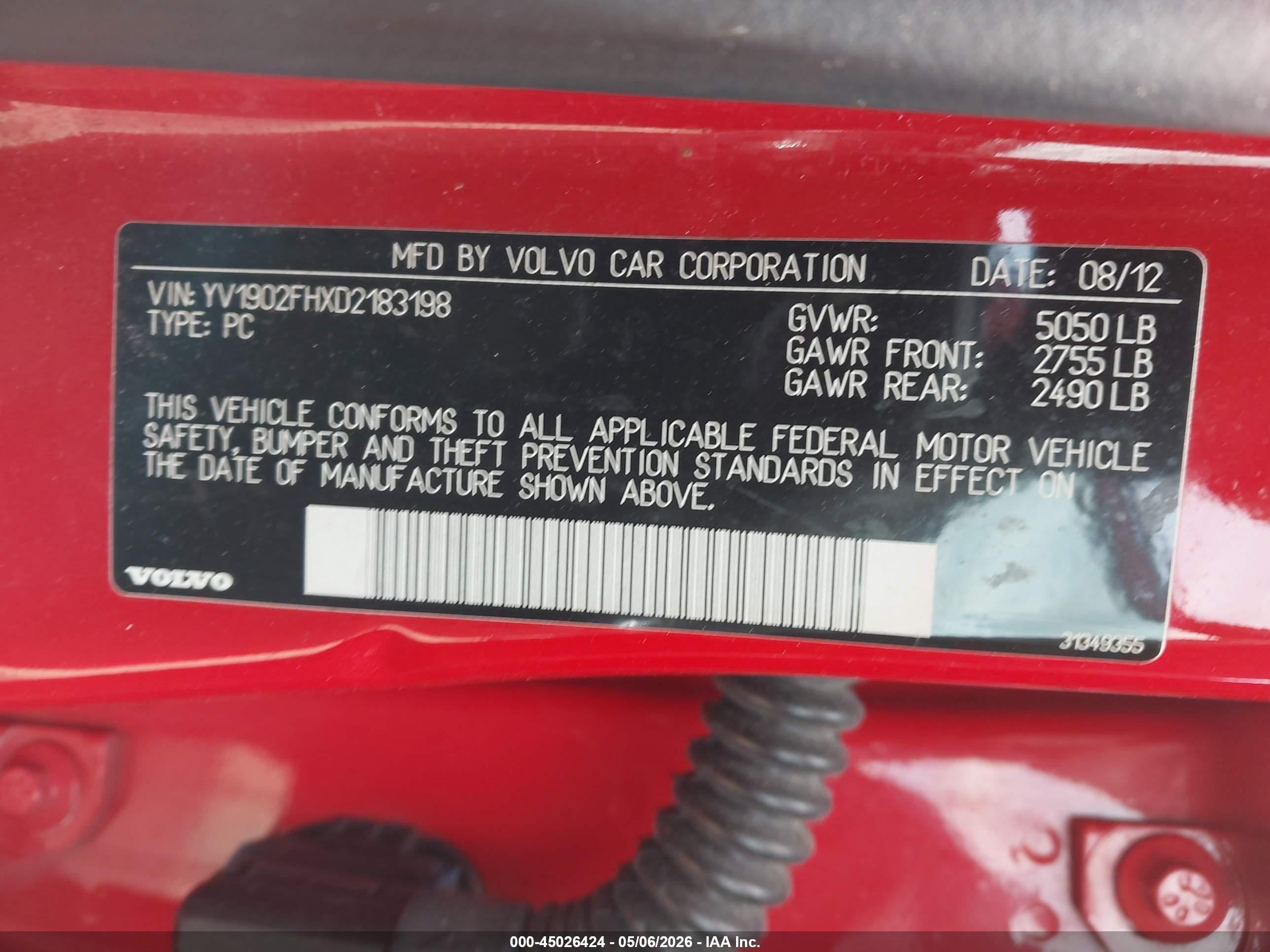 2013 Volvo S60 T6 Red vin: YV1902FHXD2183198