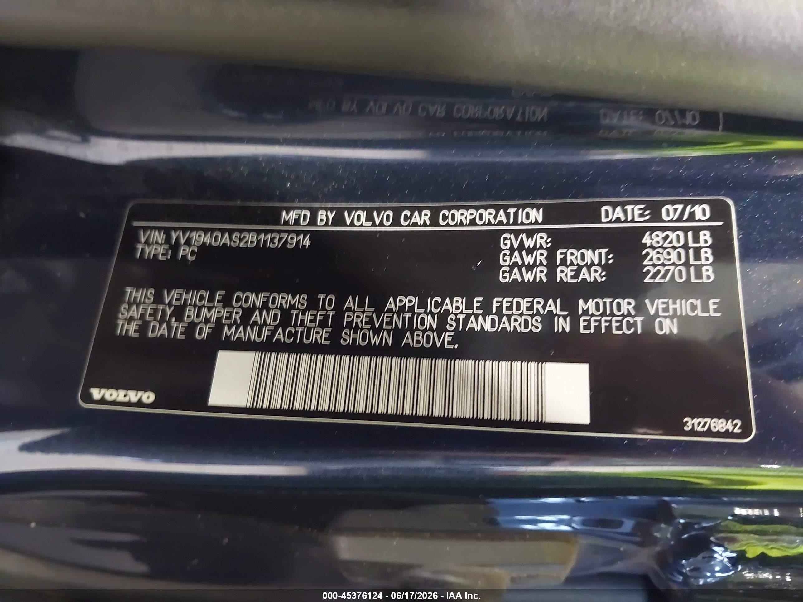 2011 Volvo S80 3.2l Blue vin: YV1940AS2B1137914