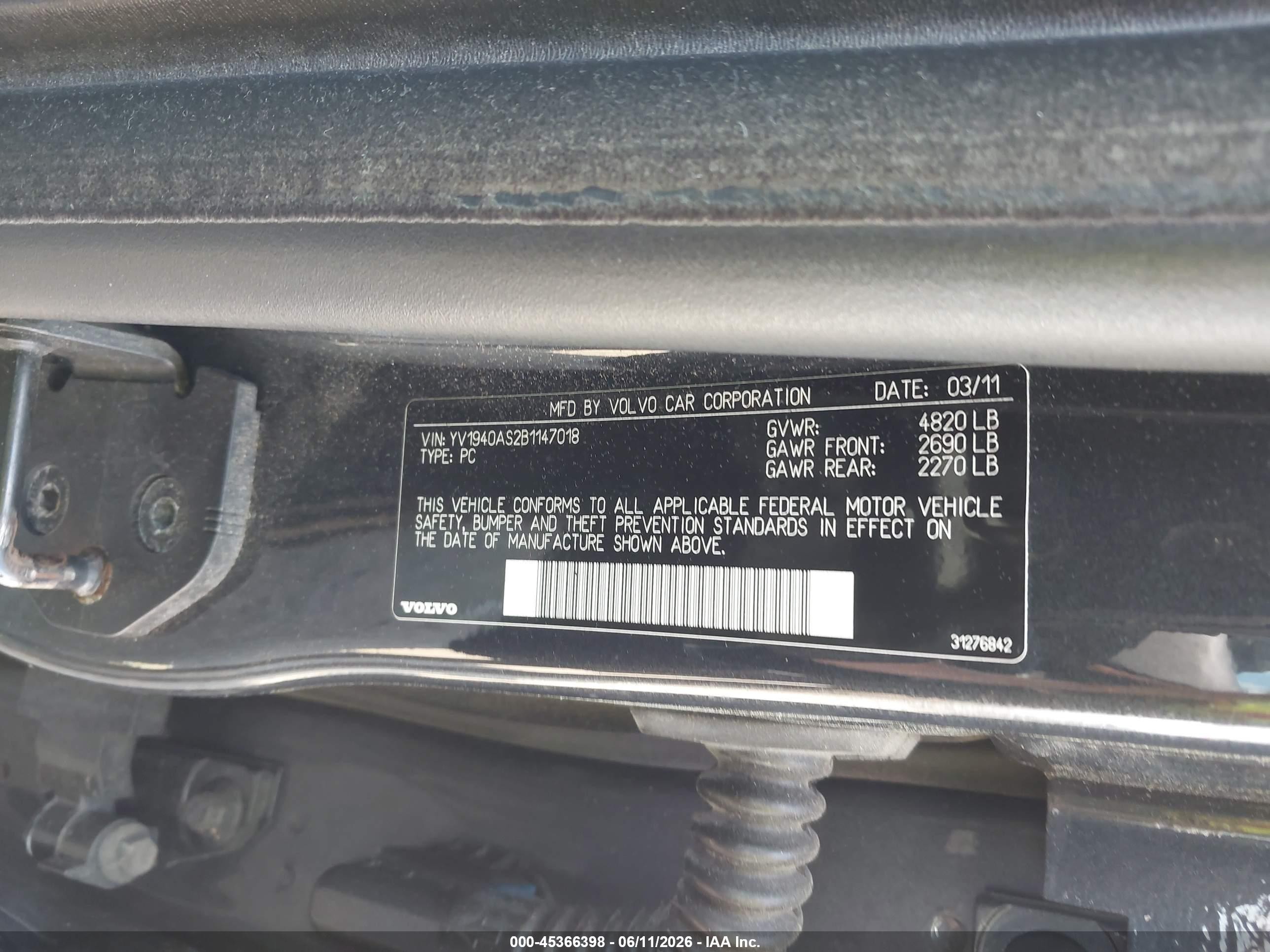 2011 Volvo S80 3.2l Черный vin: YV1940AS2B1147018