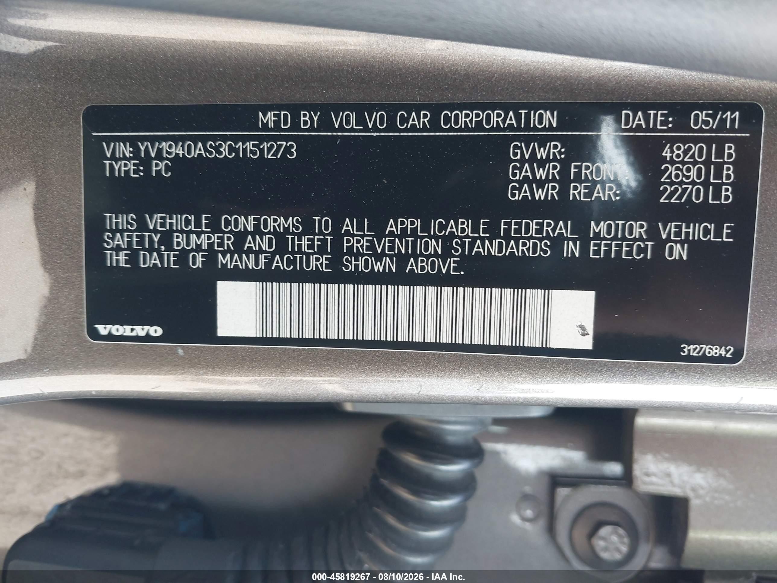 2012 Volvo S80 3.2l Premier Plus Dark Brown vin: YV1940AS3C1151273