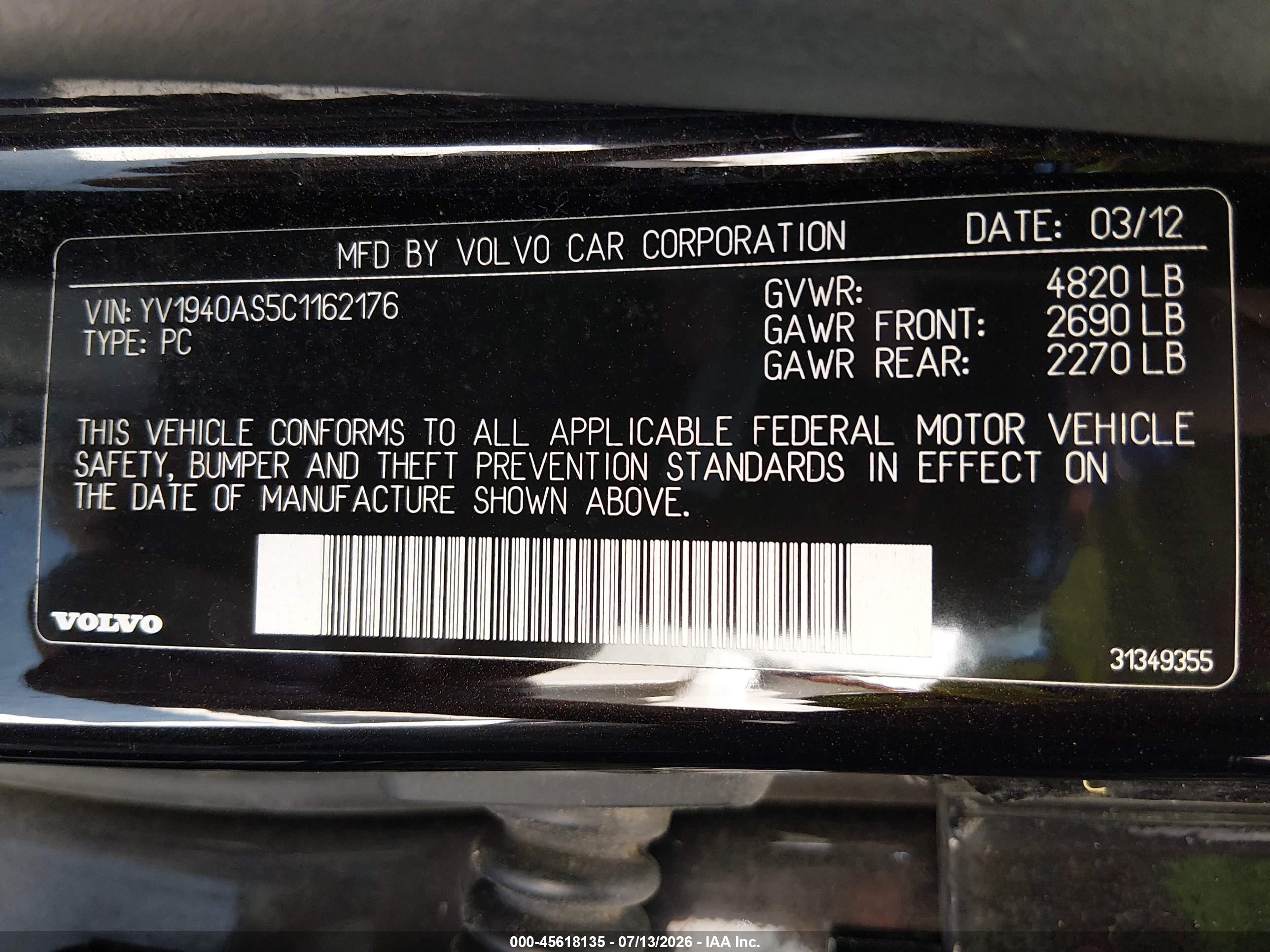 2012 Volvo S80 3.2l/3.2l Platinum/3.2l Premier Plus Black vin: YV1940AS5C1162176