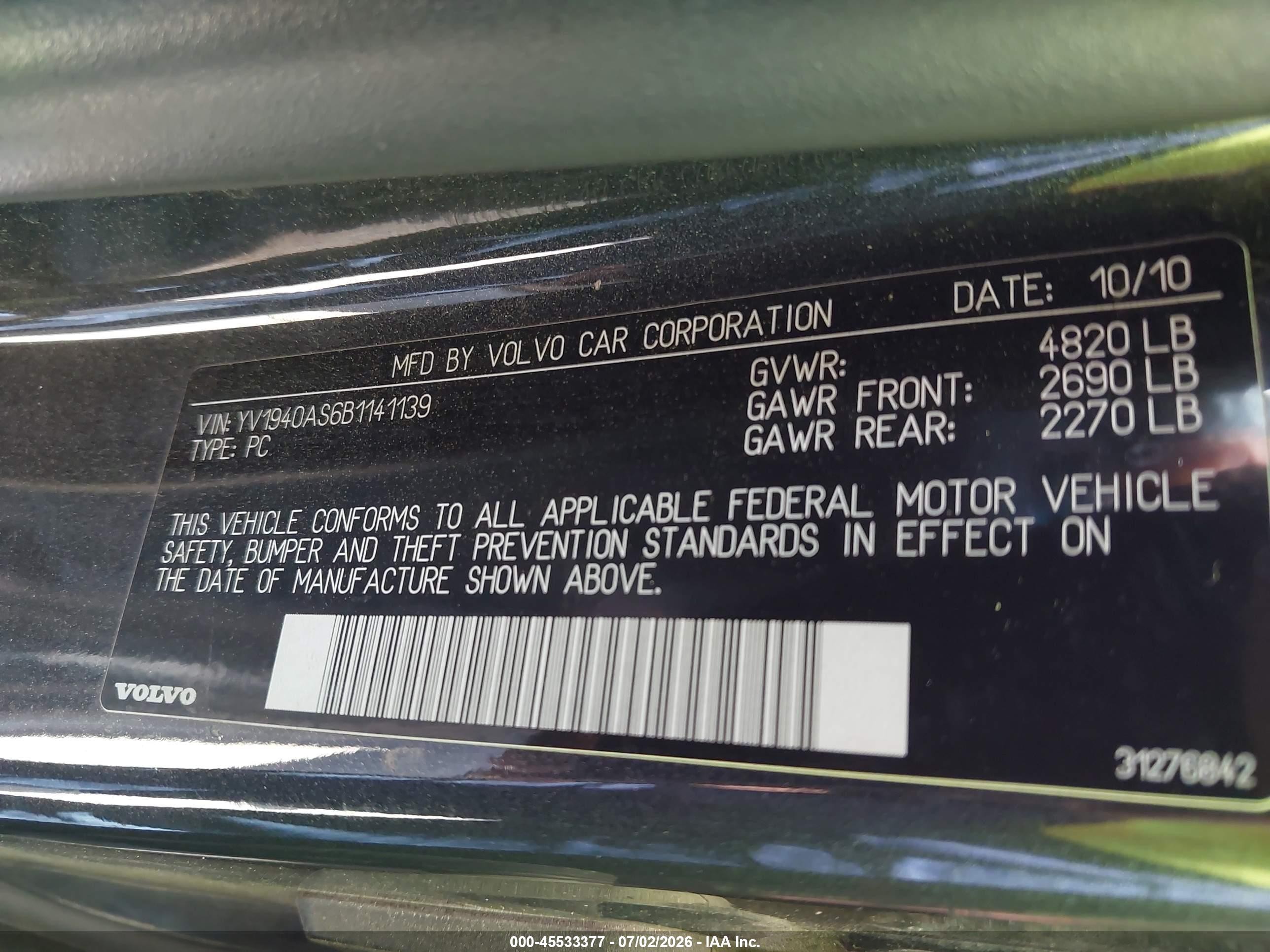 2011 Volvo S80 3.2 Black vin: YV1940AS6B1141139