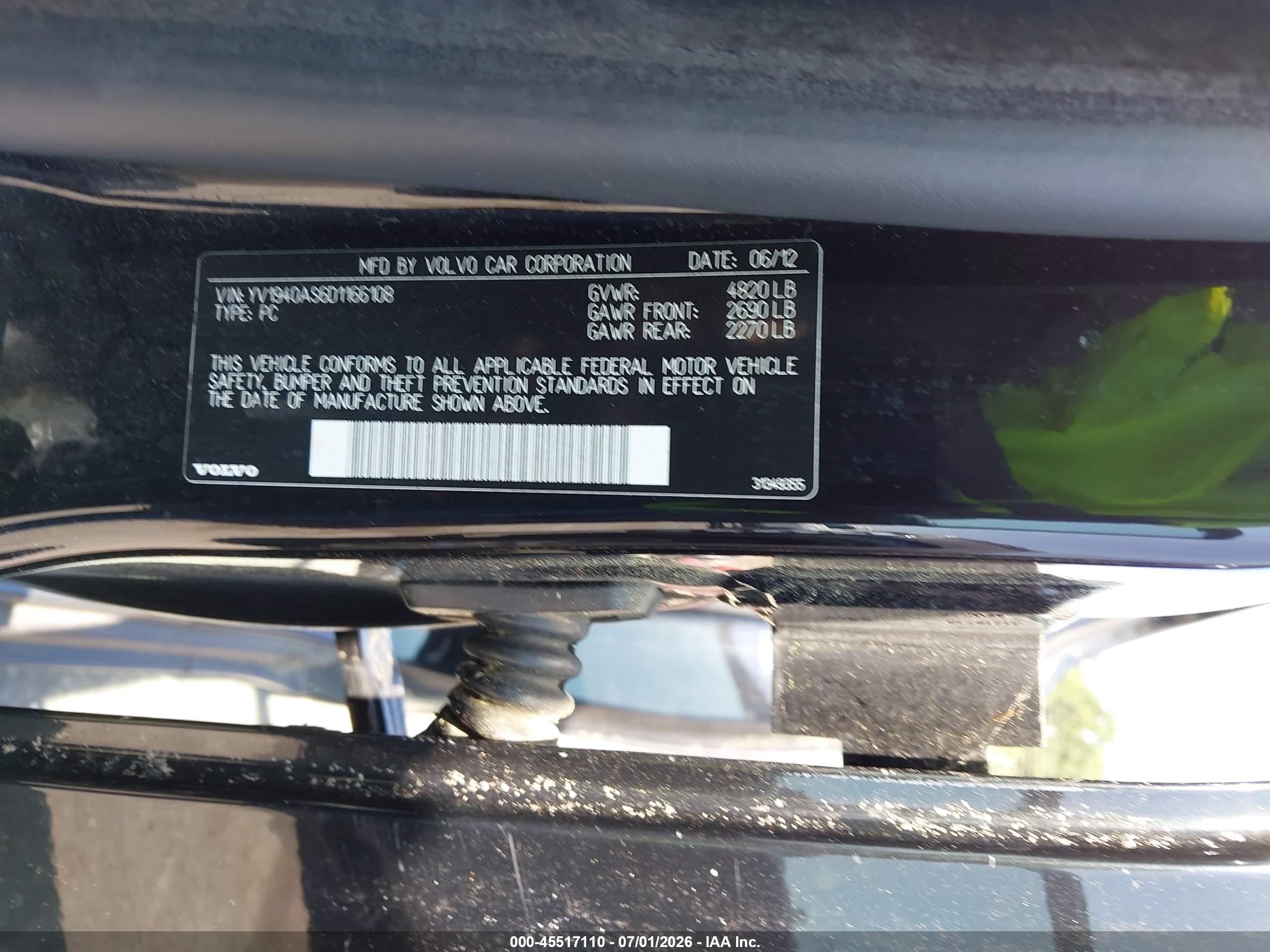 2013 Volvo S80 3.2l Black vin: YV1940AS6D1166108