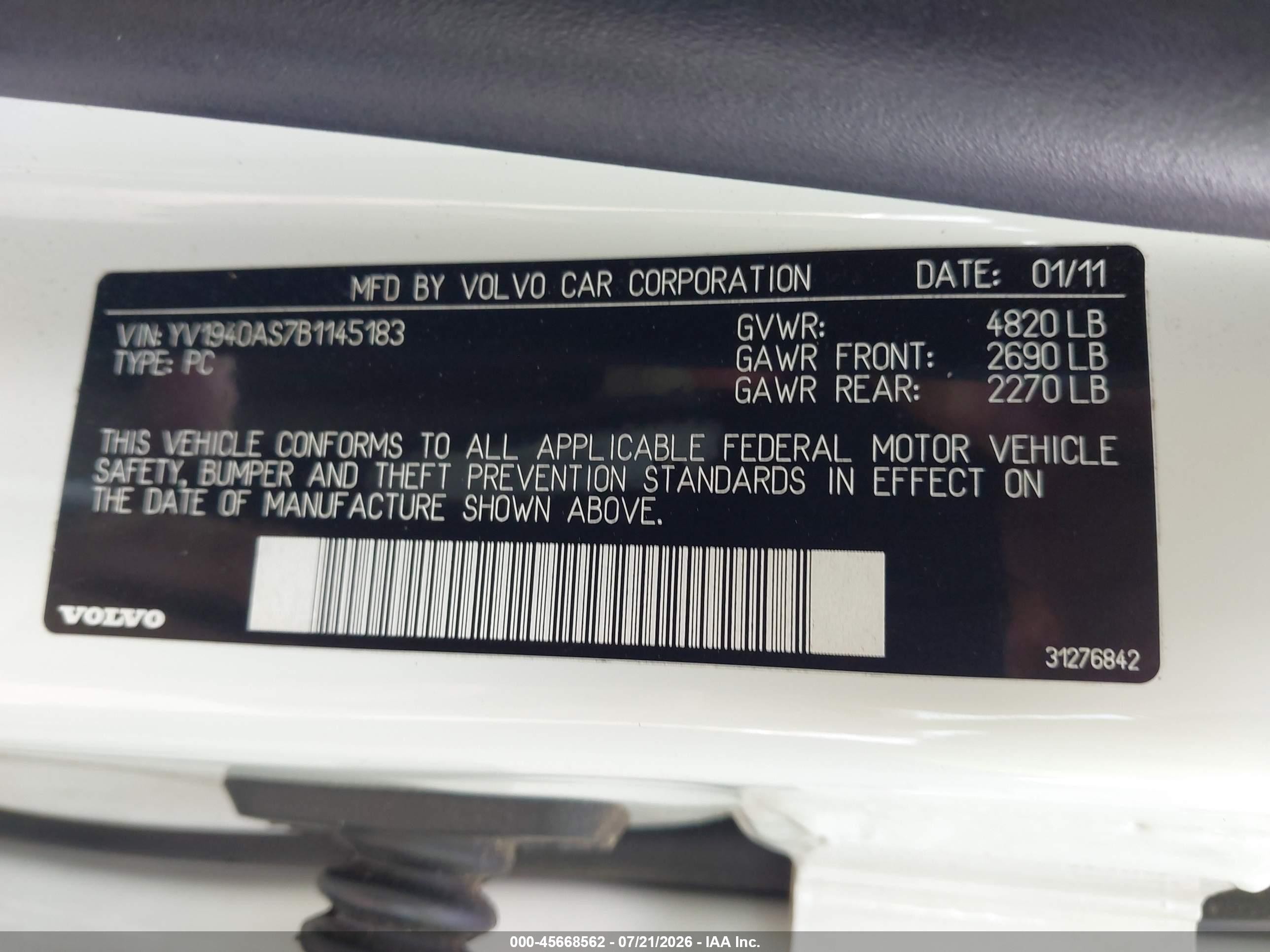 2011 Volvo S80 3.2 White vin: YV1940AS7B1145183