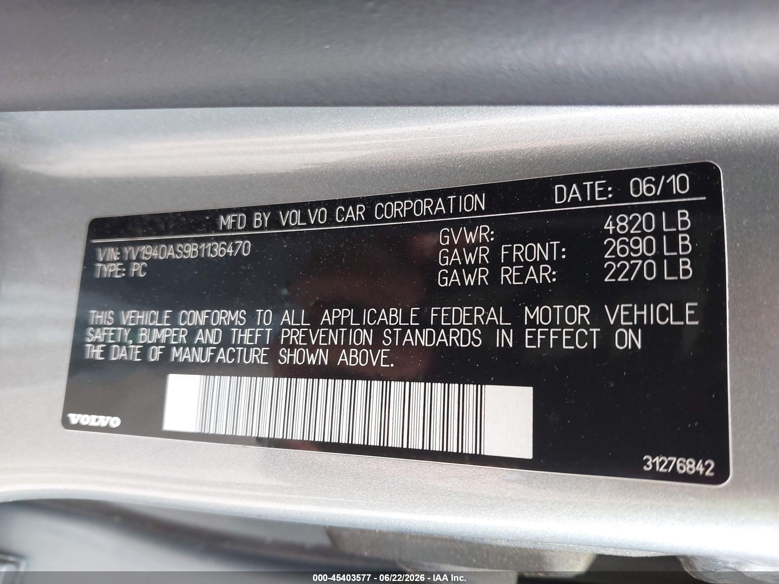 2011 Volvo S80 3.2l Silver vin: YV1940AS9B1136470