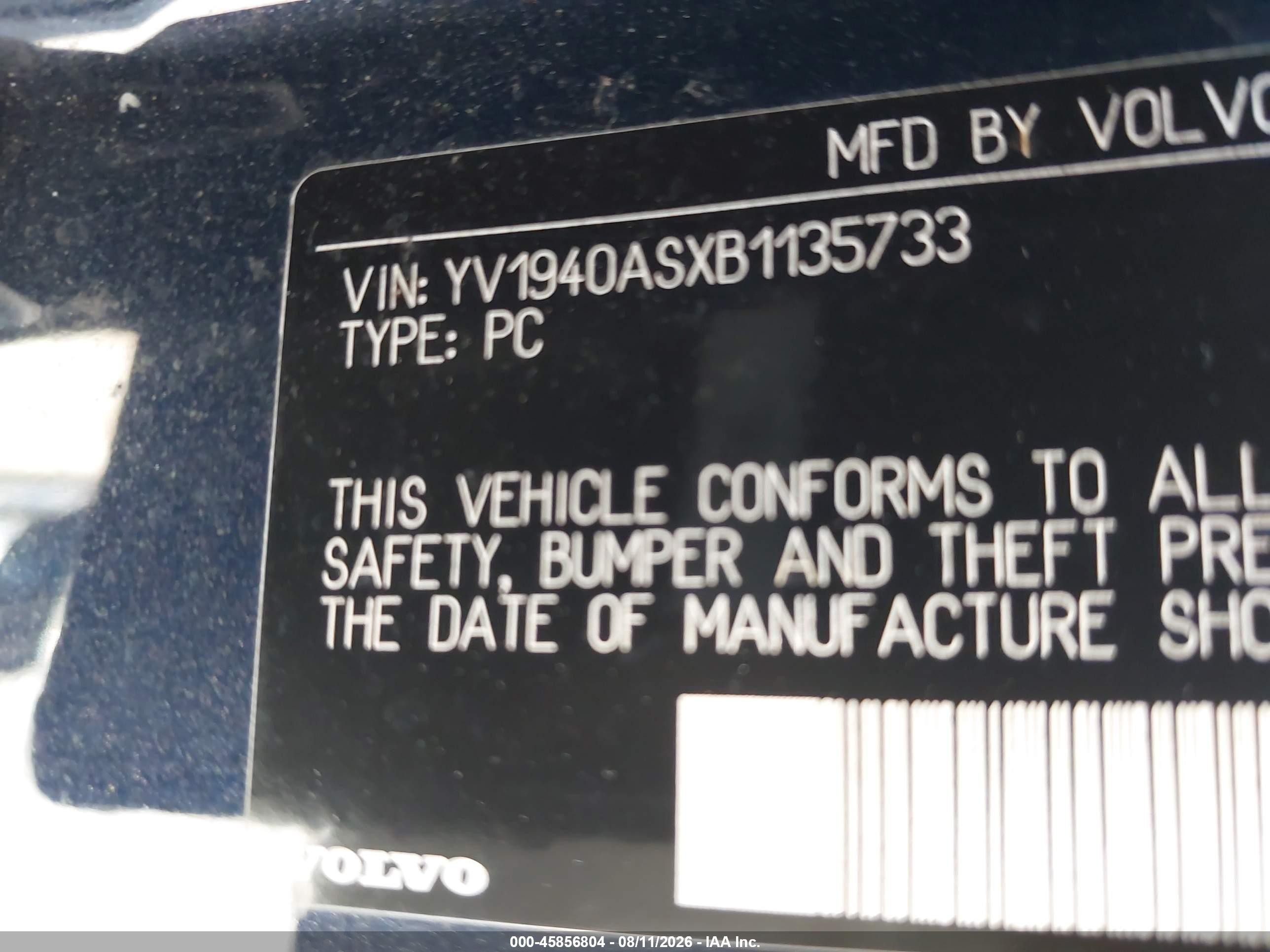 2011 Volvo S80 3.2 Blue vin: YV1940ASXB1135733