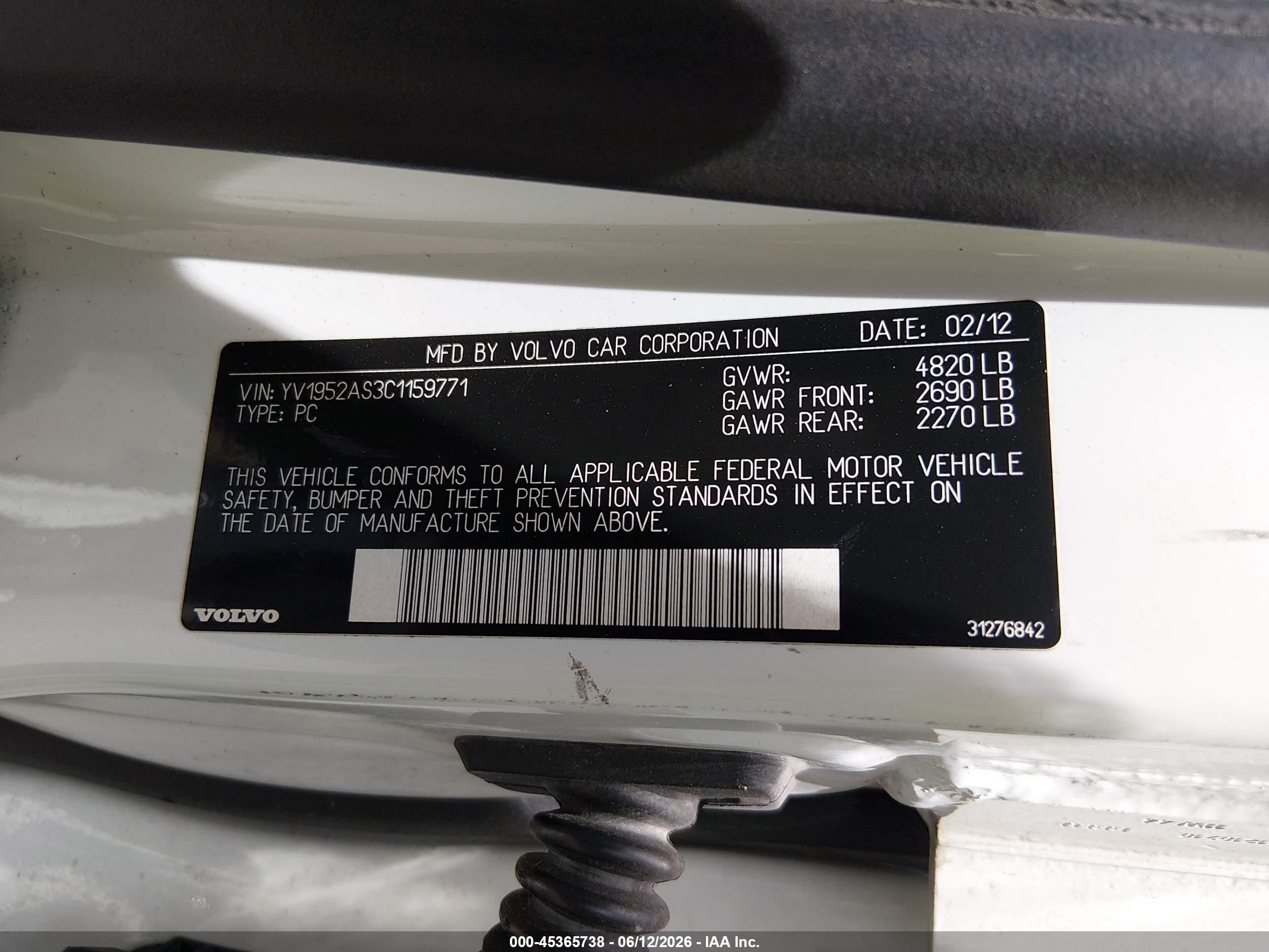 2012 Volvo S80 3.2l/3.2l Platinum/3.2l Premier Plus White vin: YV1952AS3C1159771