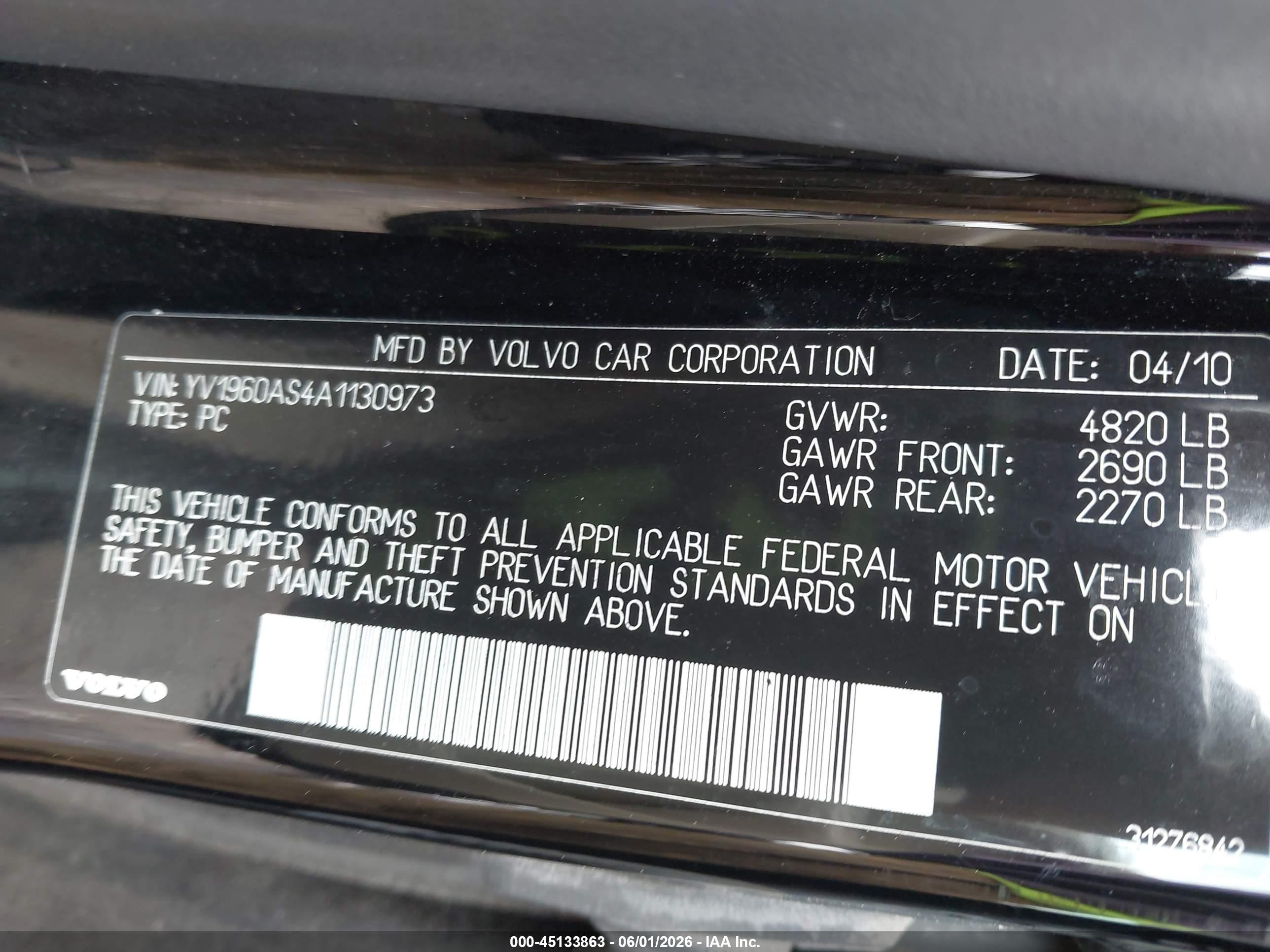 2010 Volvo S80 3.2 Black vin: YV1960AS4A1130973