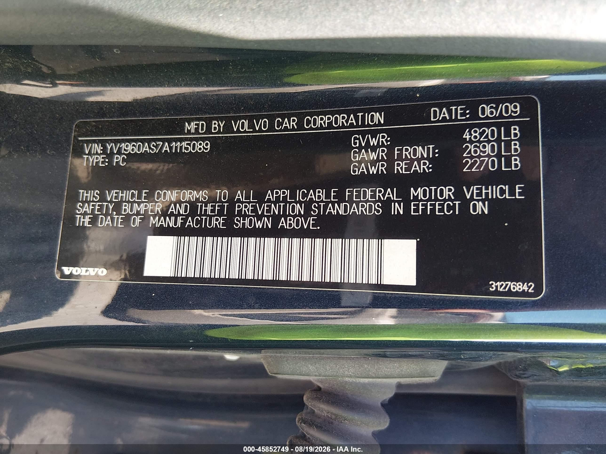 2010 Volvo S80 3.2 Blue vin: YV1960AS7A1115089