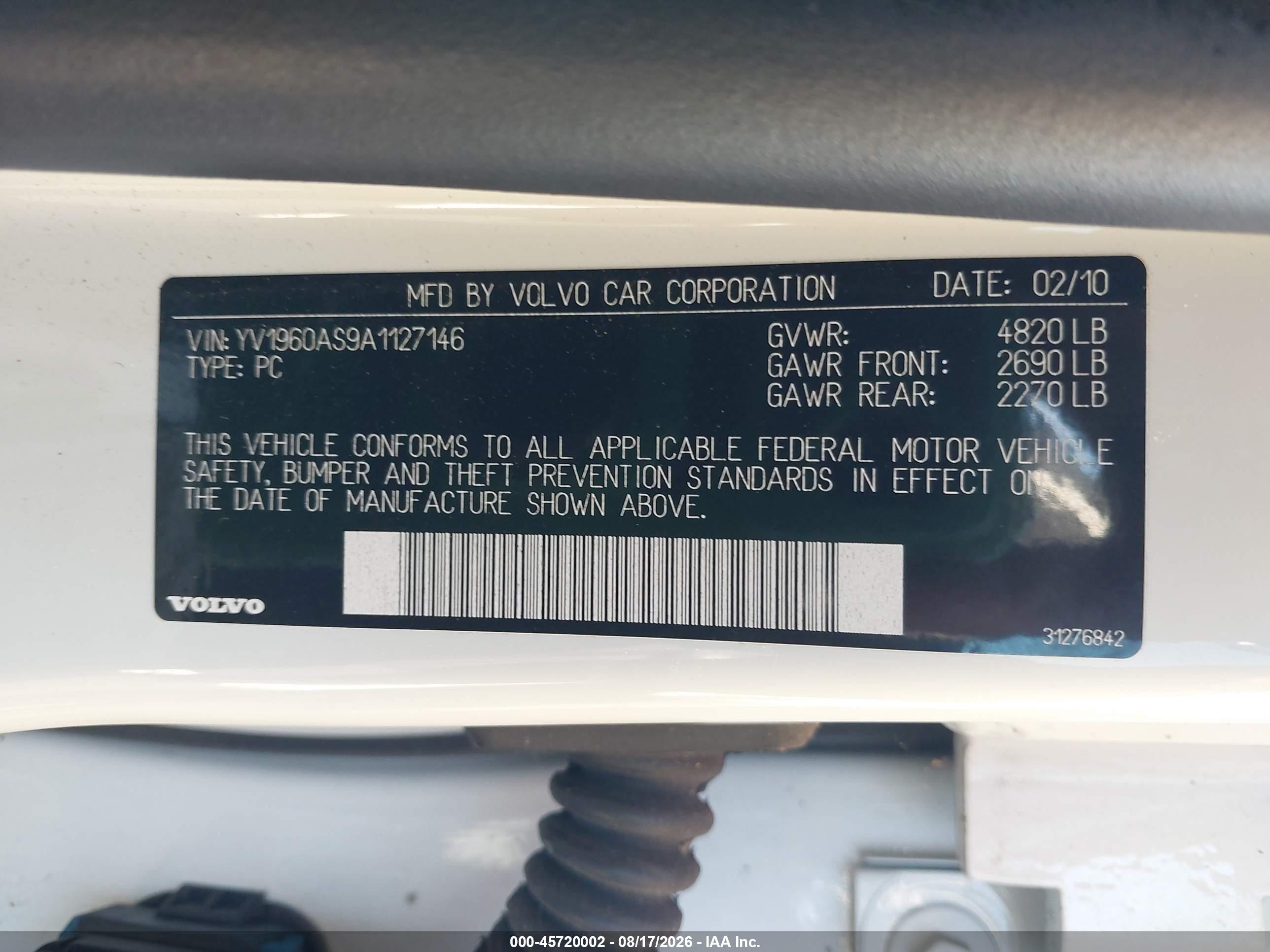 2010 Volvo S80 3.2 White vin: YV1960AS9A1127146