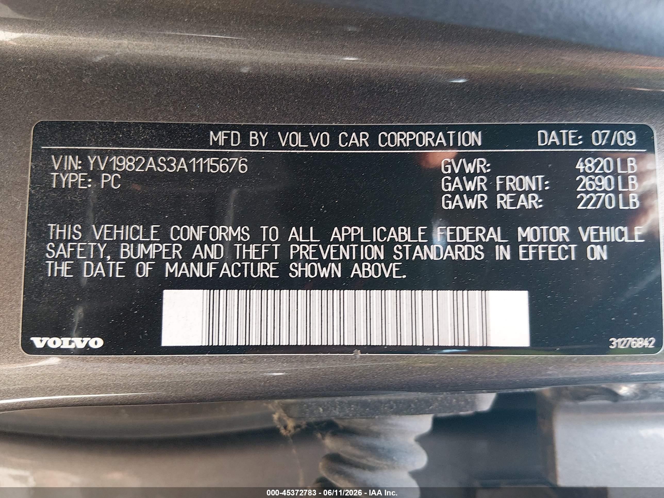2010 Volvo S80 3.2 Gold vin: YV1982AS3A1115676