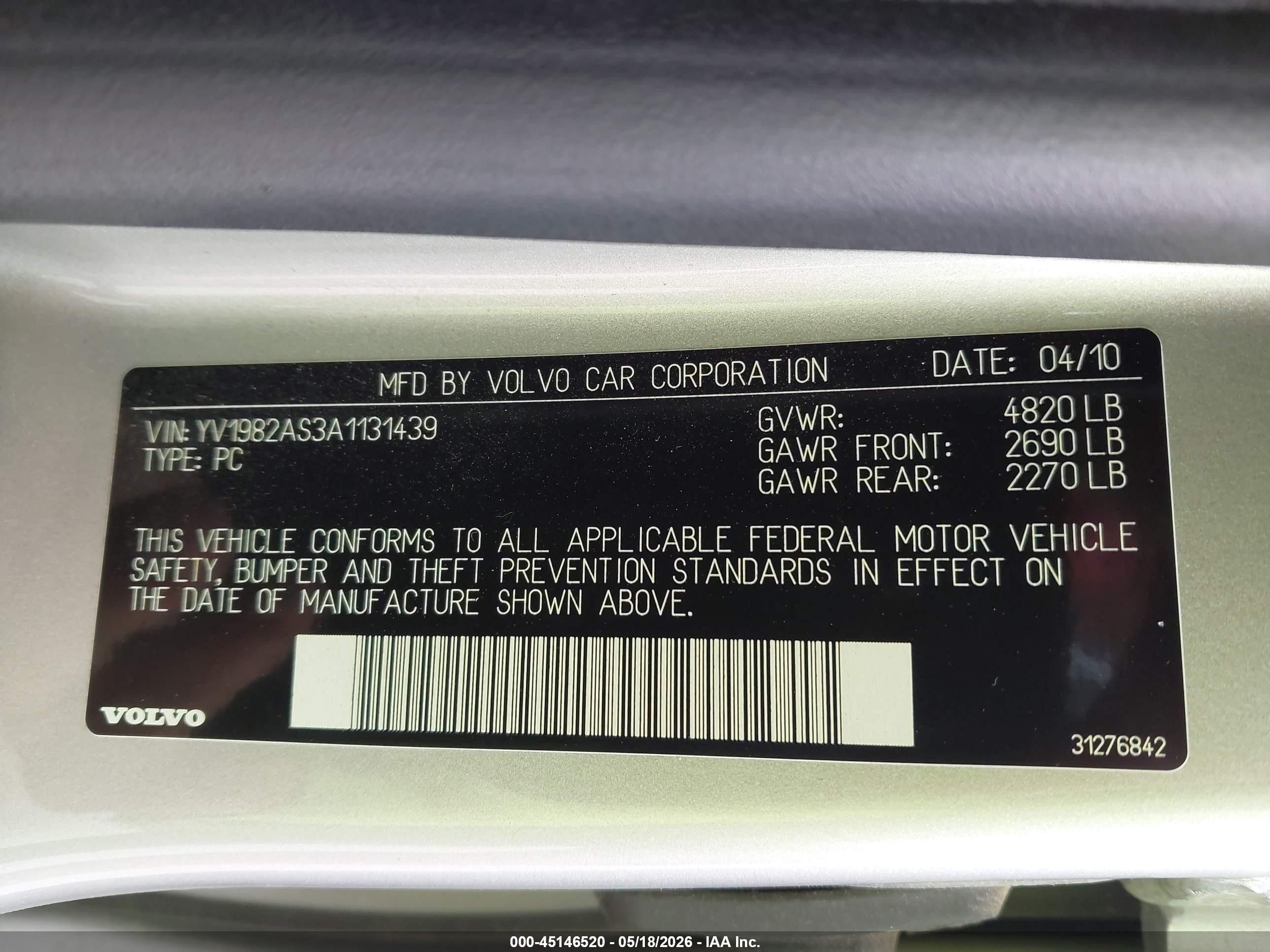 2010 Volvo S80 3.2 Silver vin: YV1982AS3A1131439