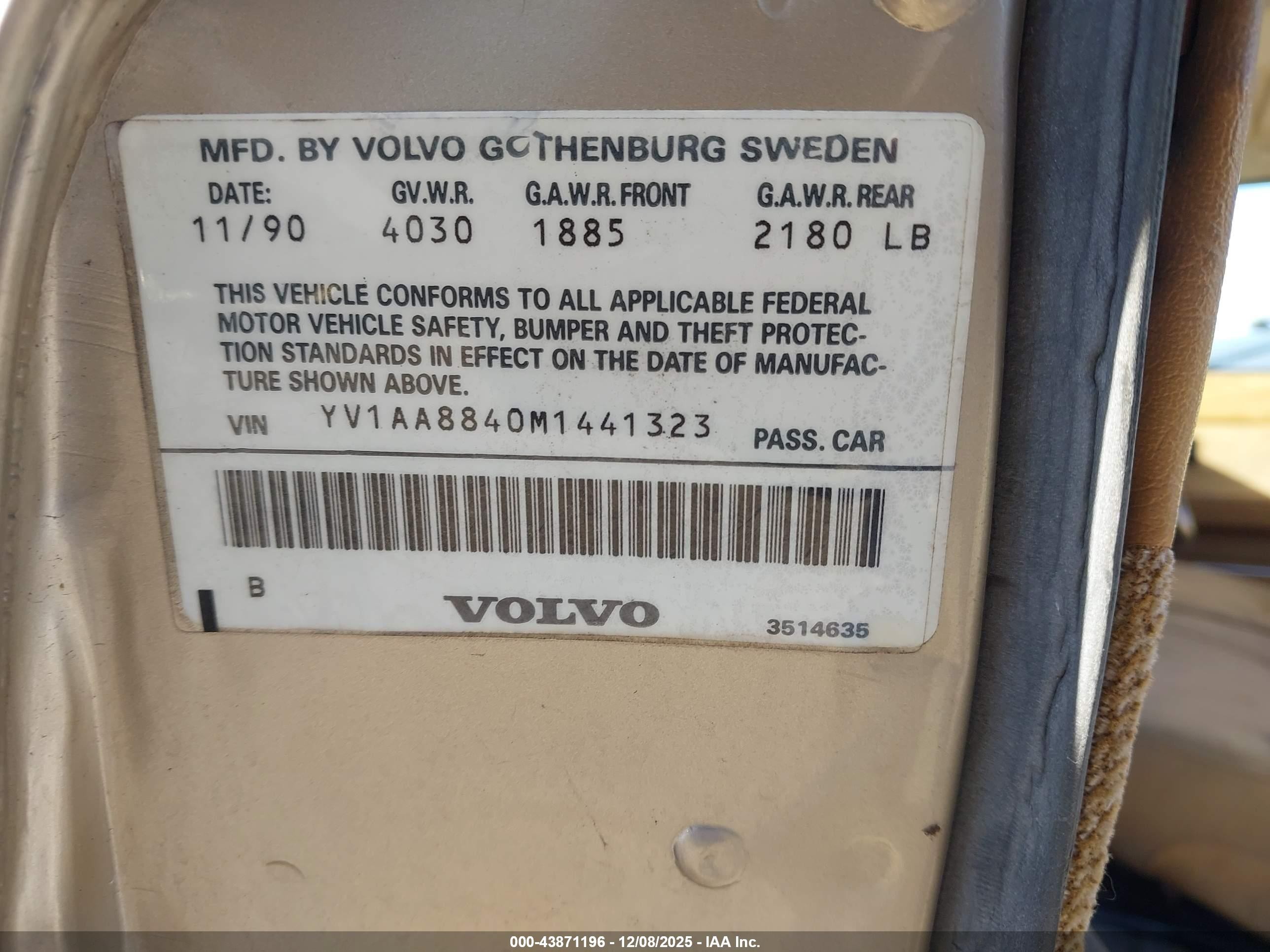1991 Volvo 240   Gold vin: YV1AA8840M1441323