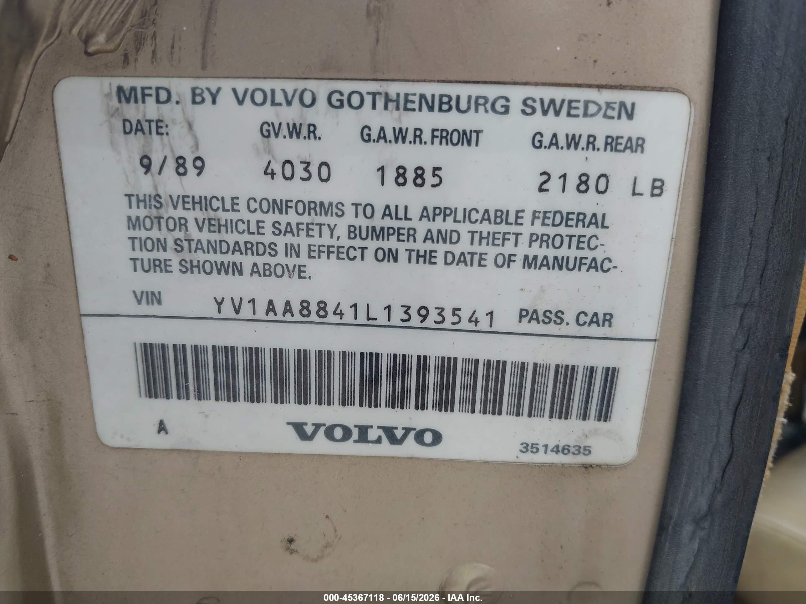 1990 Volvo 240 Dl Gold vin: YV1AA8841L1393541