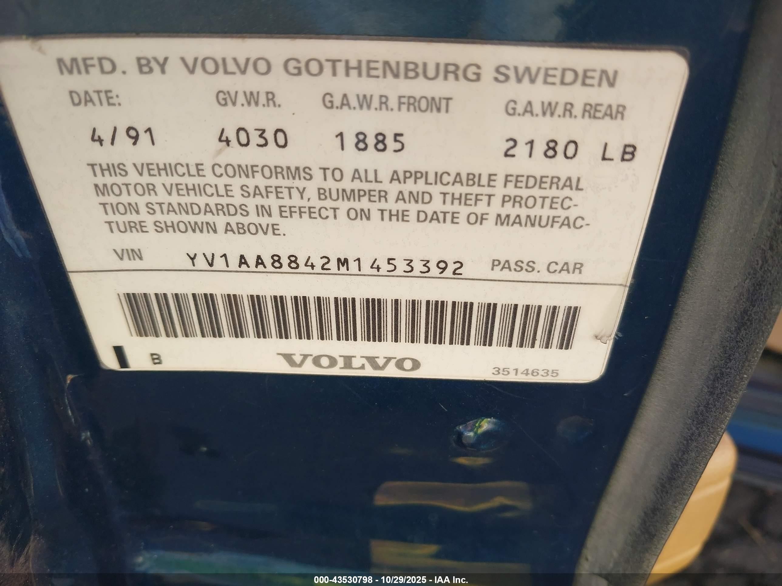 1991 Volvo 240   Green vin: YV1AA8842M1453392