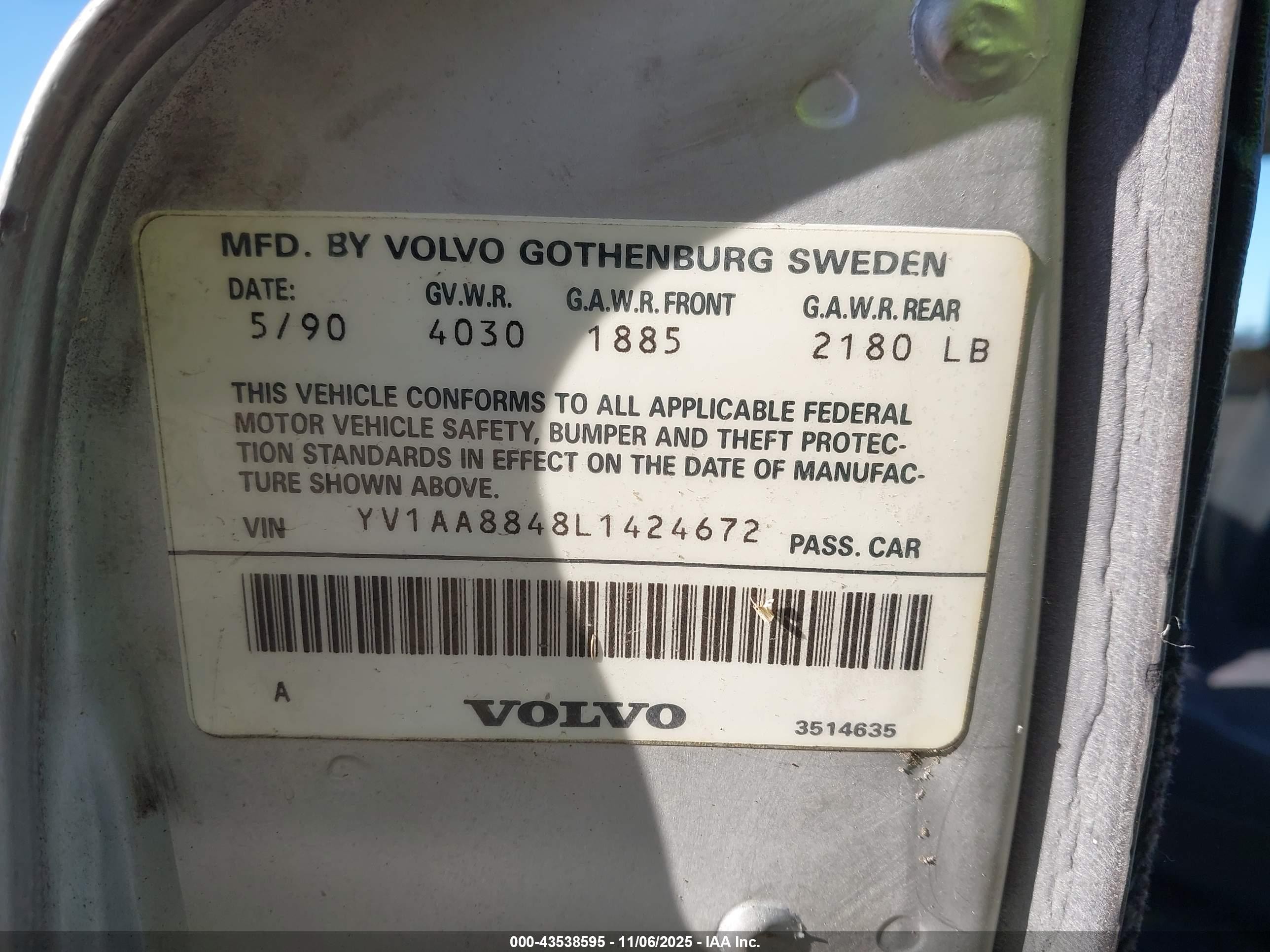 1990 Volvo 240 Dl Silver vin: YV1AA8848L1424672