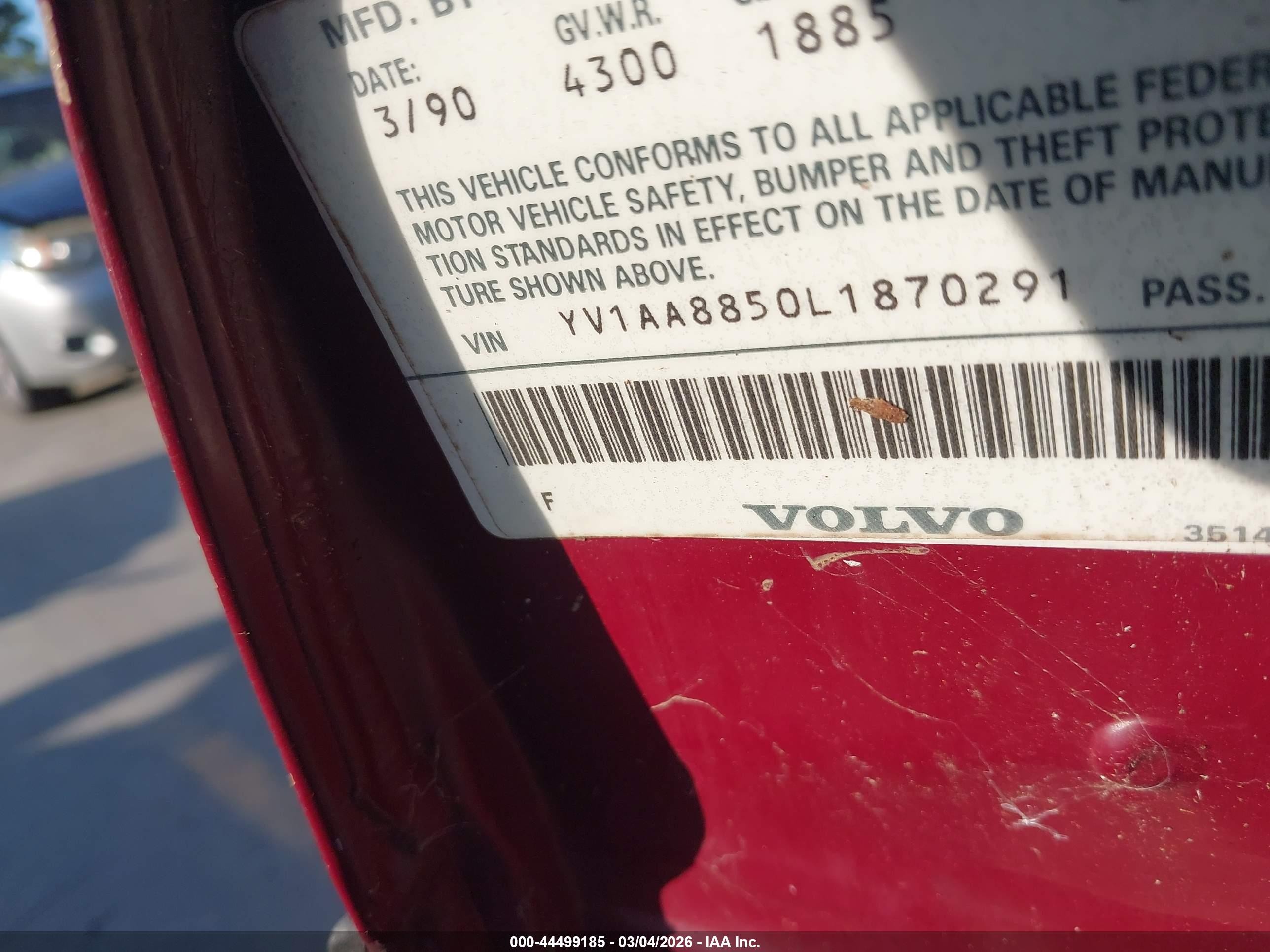 1990 Volvo 240 Dl Burgundy vin: YV1AA8850L1870291