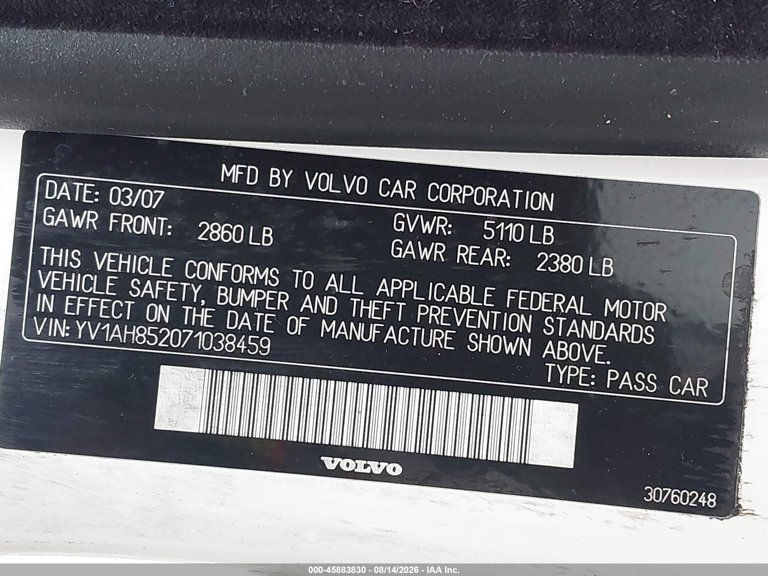 2007 Volvo S80 V8 White vin: YV1AH852071038459