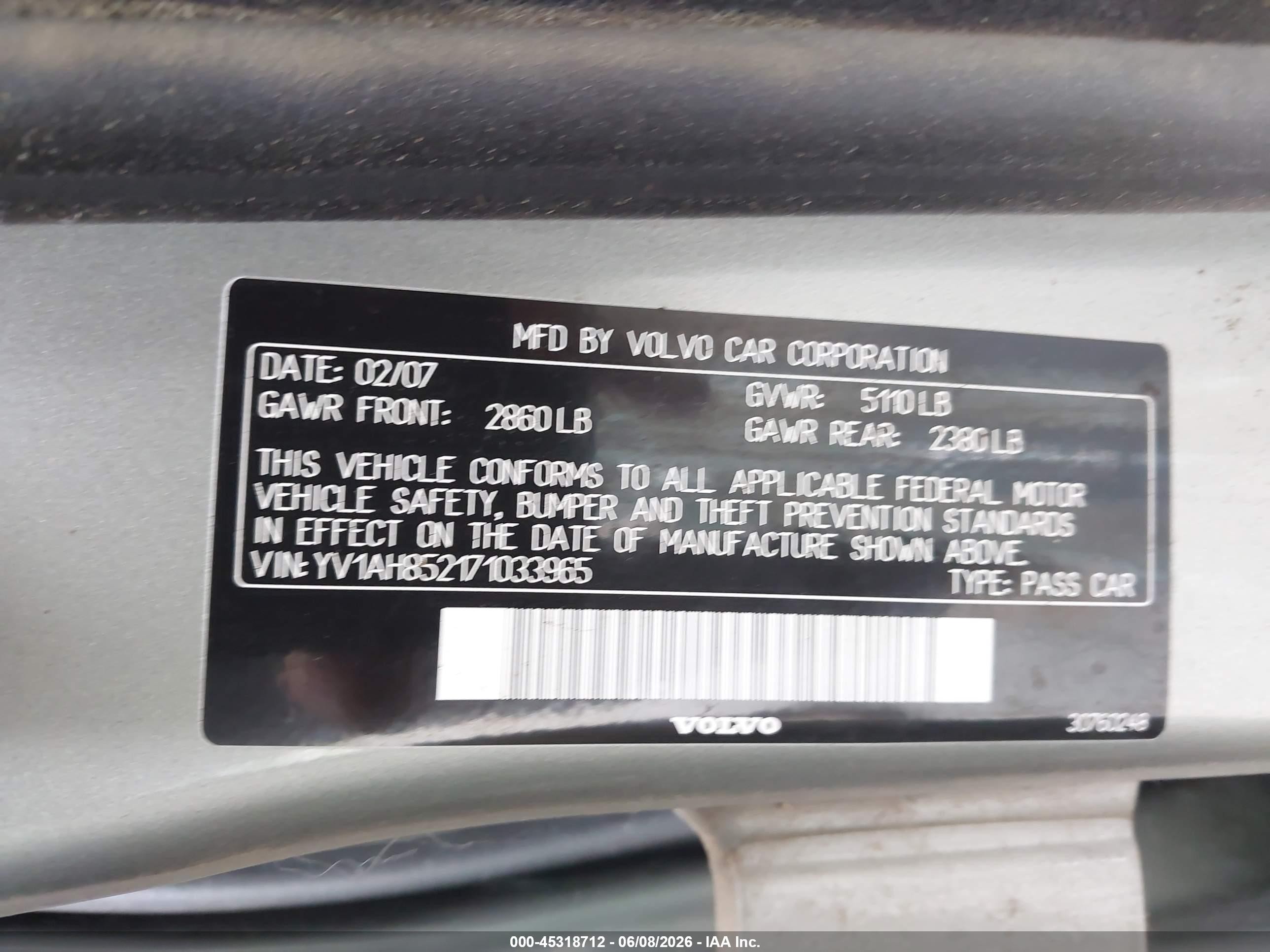 2007 Volvo S80 V8 Silver vin: YV1AH852171033965