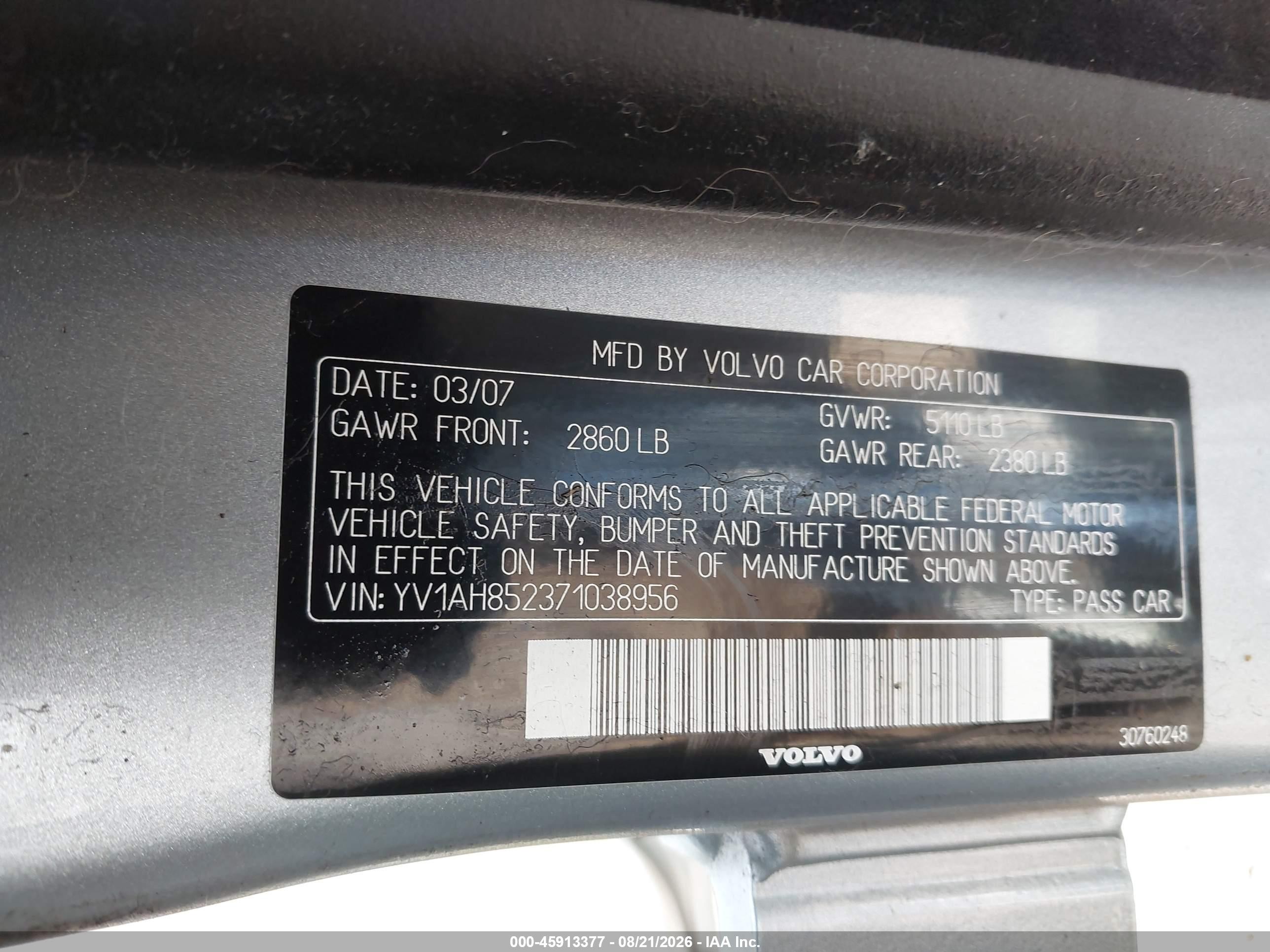 2007 Volvo S80 V8 Silver vin: YV1AH852371038956