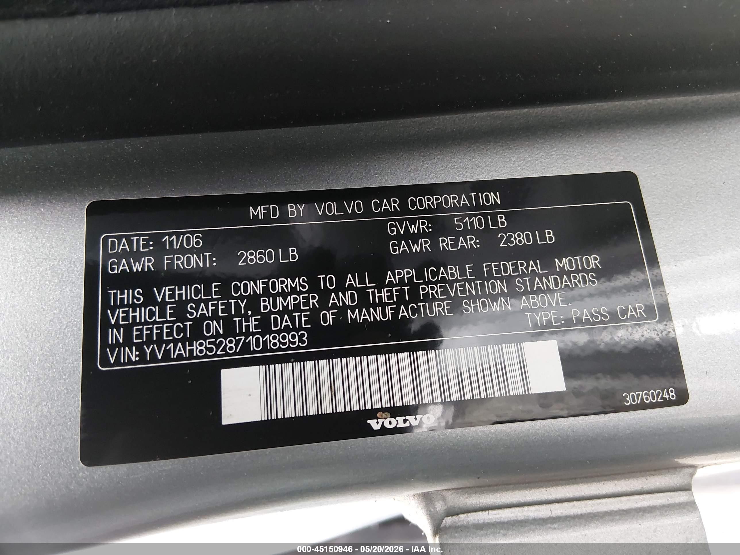 2007 Volvo S80 V8 Silver vin: YV1AH852871018993