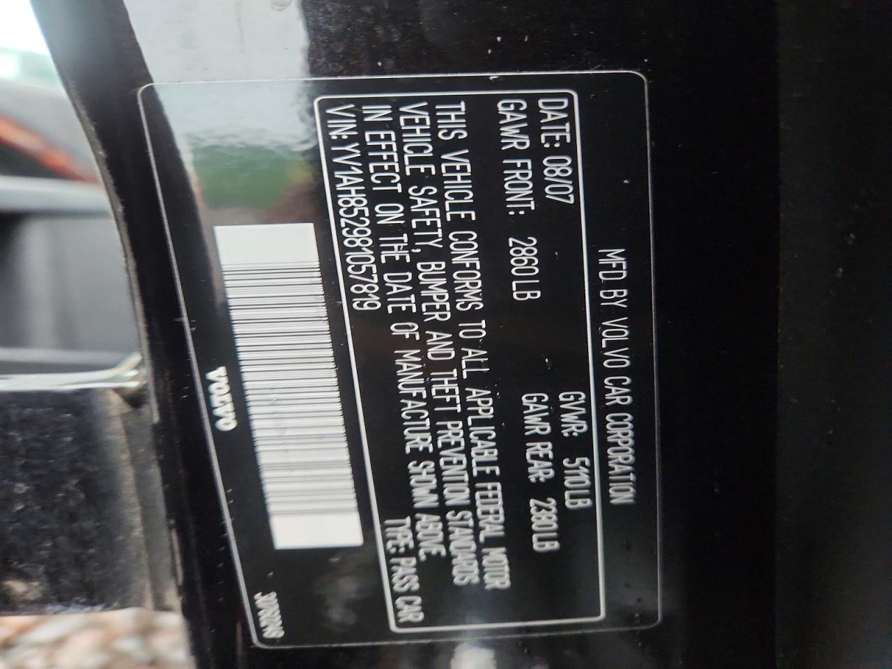 2008 Volvo S80 V8 Black vin: YV1AH852981057819