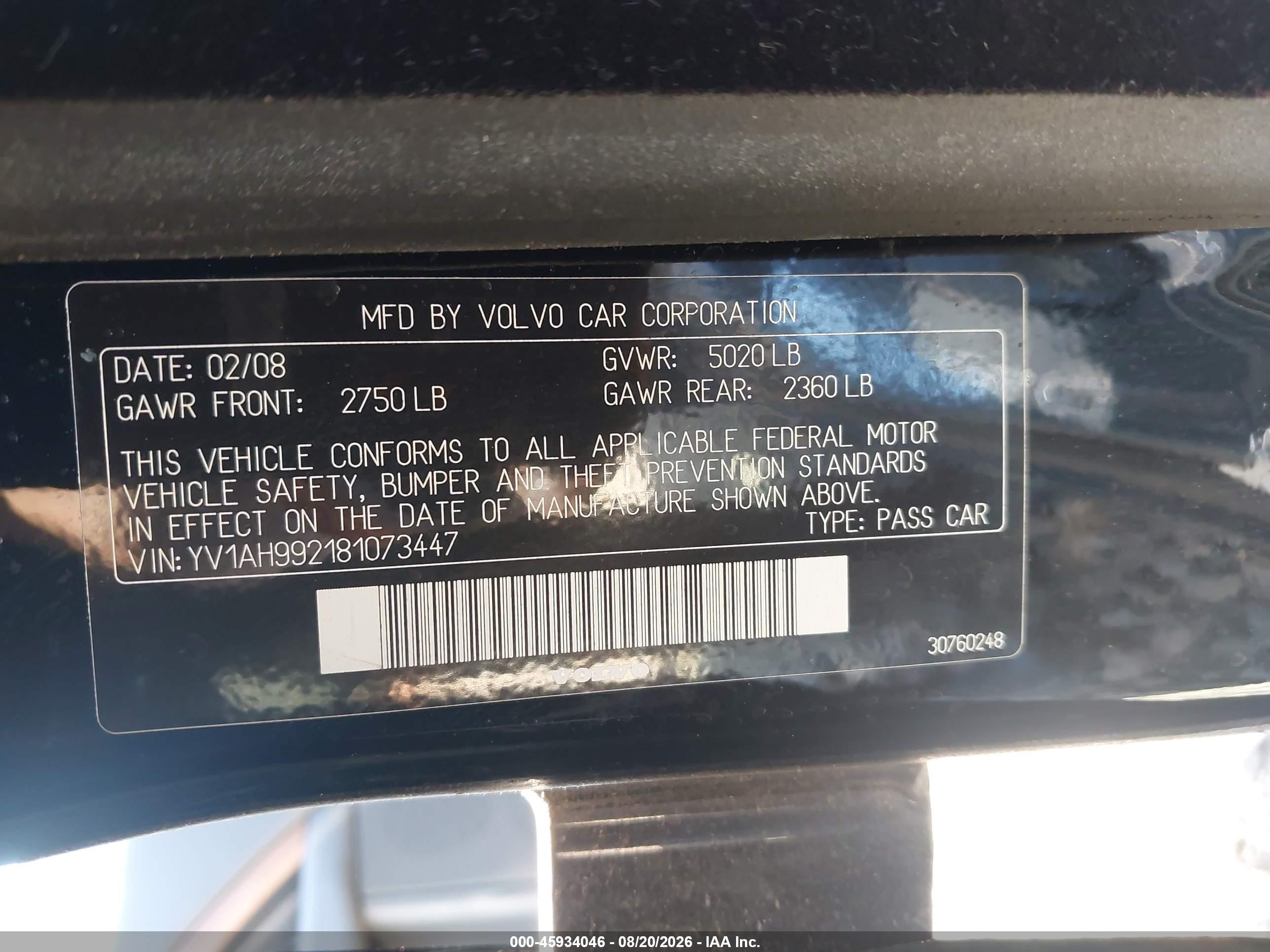2008 Volvo S80 3.0l Turbo Black vin: YV1AH992181073447