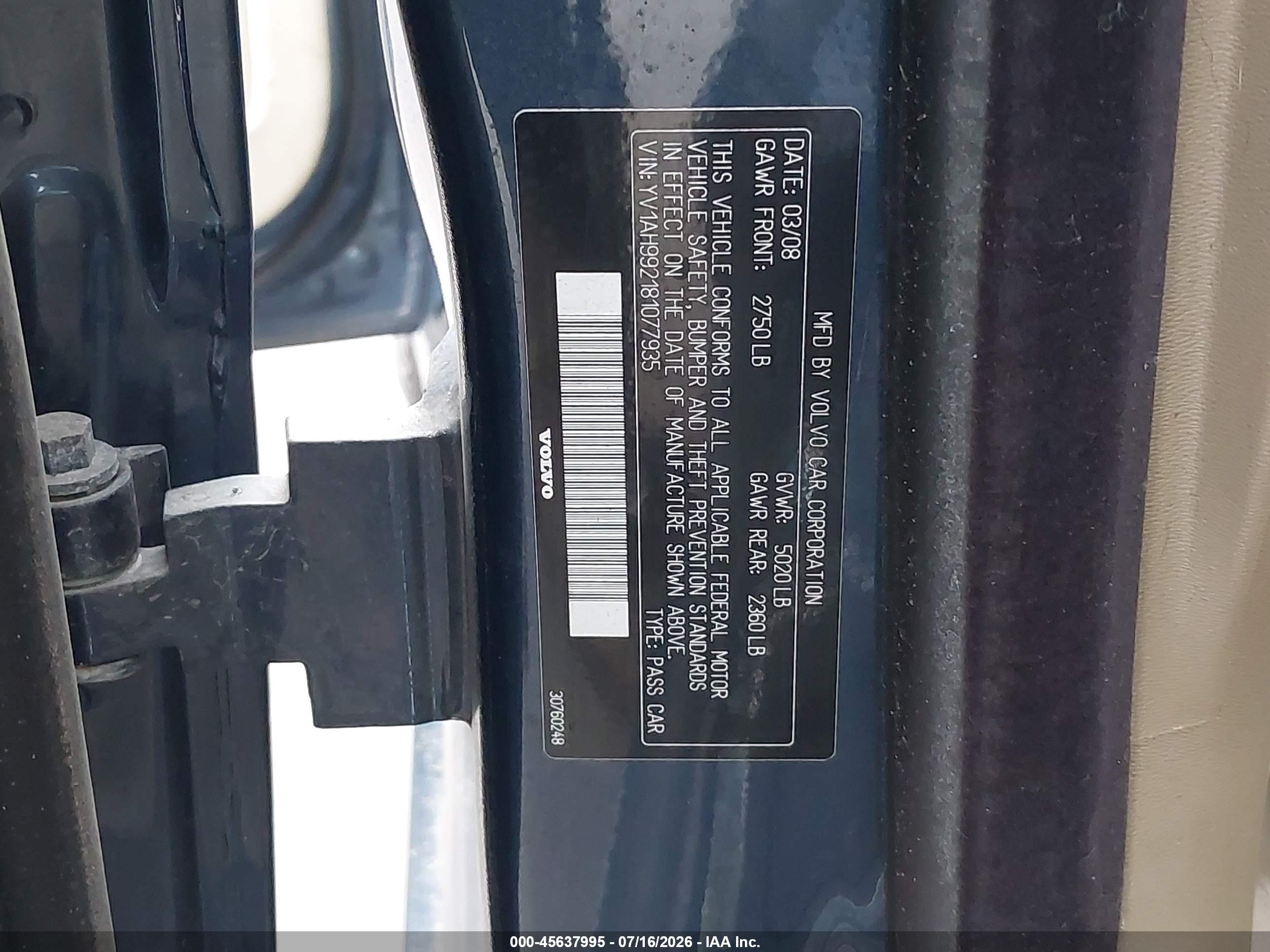 2008 Volvo S80 3.0l Turbo Синий vin: YV1AH992181077935