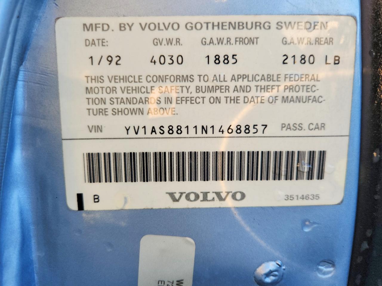 1992 Volvo 240 Base Blue vin: YV1AS8811N1468857