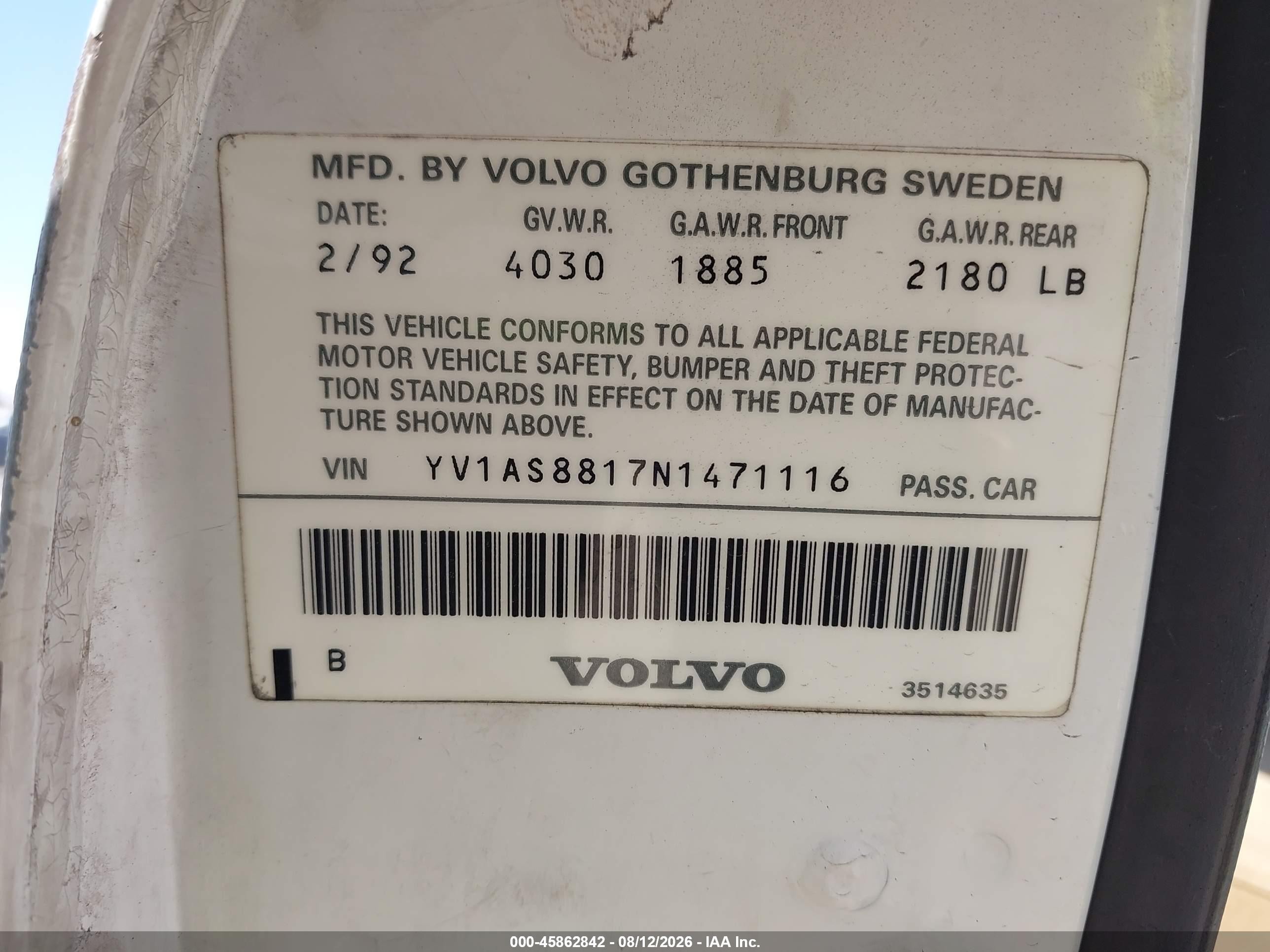 1992 Volvo 240 Gl White vin: YV1AS8817N1471116
